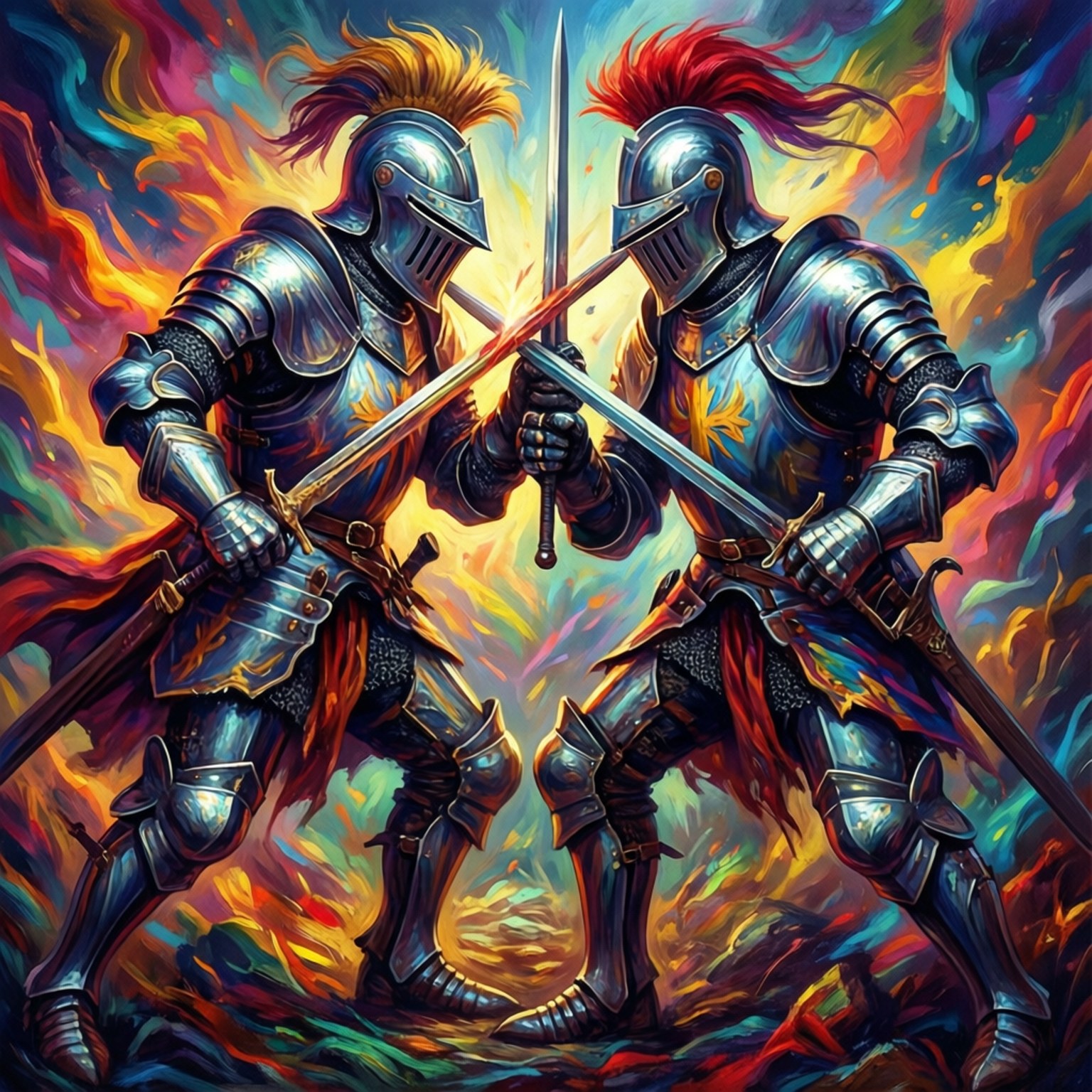 Abstract Duel 壁紙 — 兩名身穿盔甲的騎士在旋轉的宇宙背景下，於充滿活力的火焰色彩爆炸中交鋒劍刃。