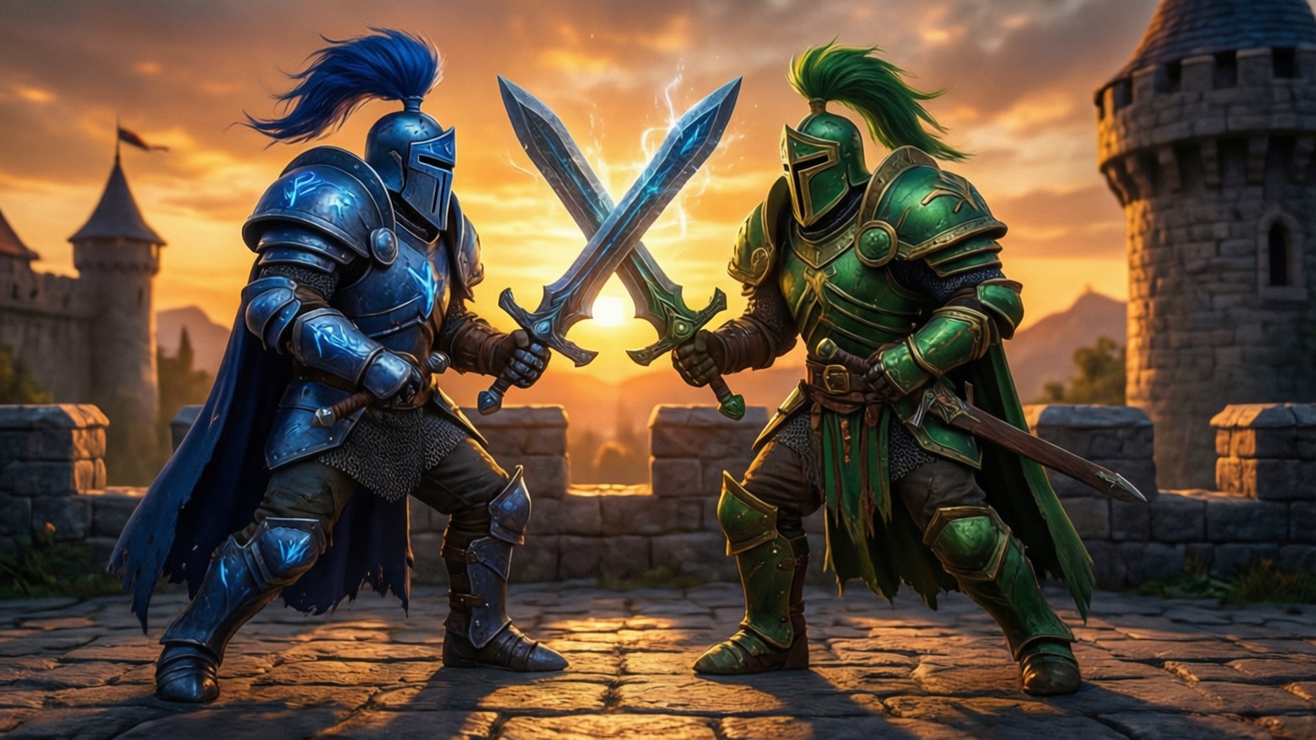 Duel at Sunset 壁紙 — 兩名身穿盔甲的騎士在日落時分的石造城垛上交劍，背景有城堡塔樓。