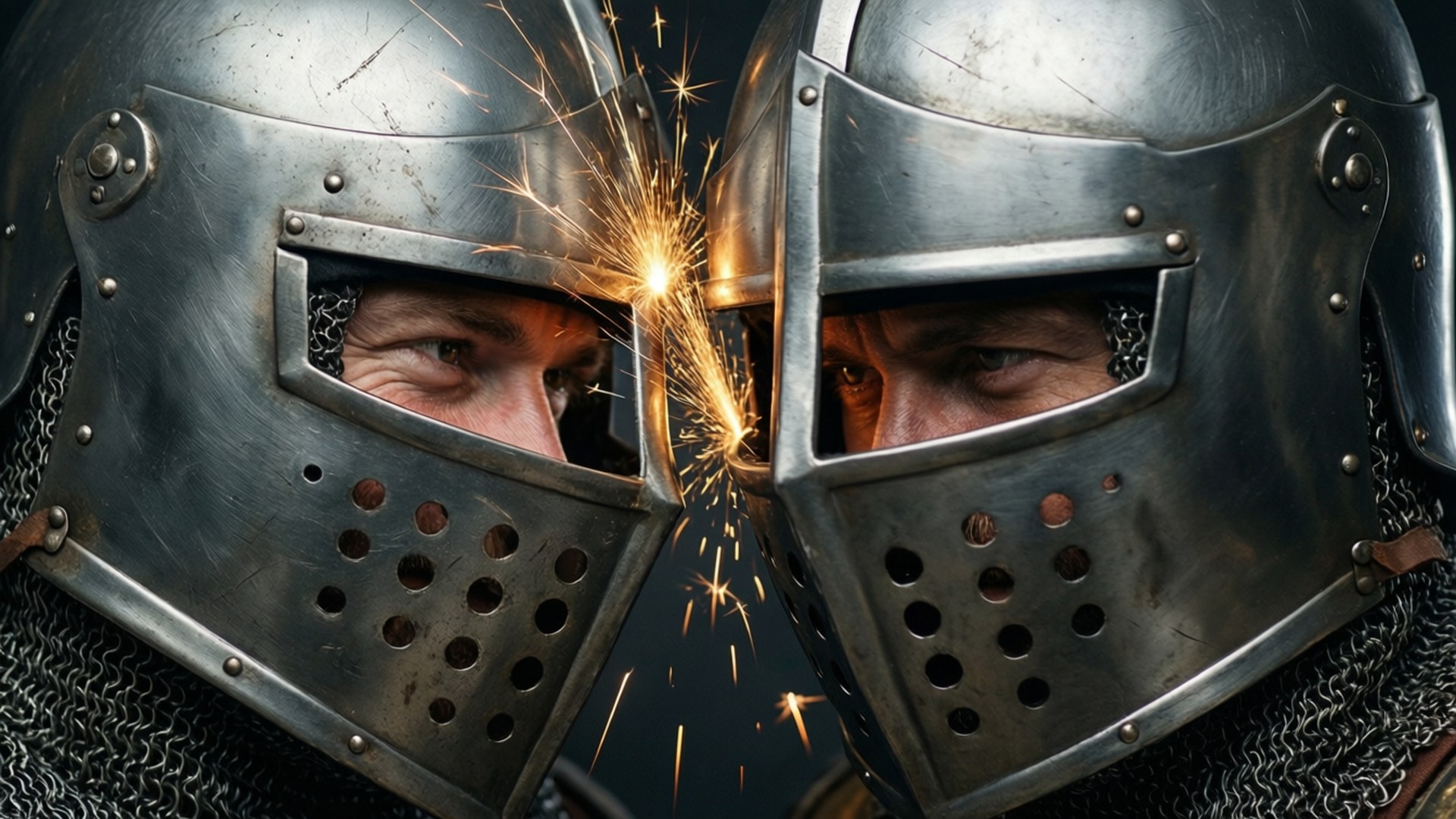 Clash of Steel 壁紙 — 兩名身穿鋼盔的裝甲騎士碰撞他們的劍，在他們強烈的凝視之間產生明亮的火花。