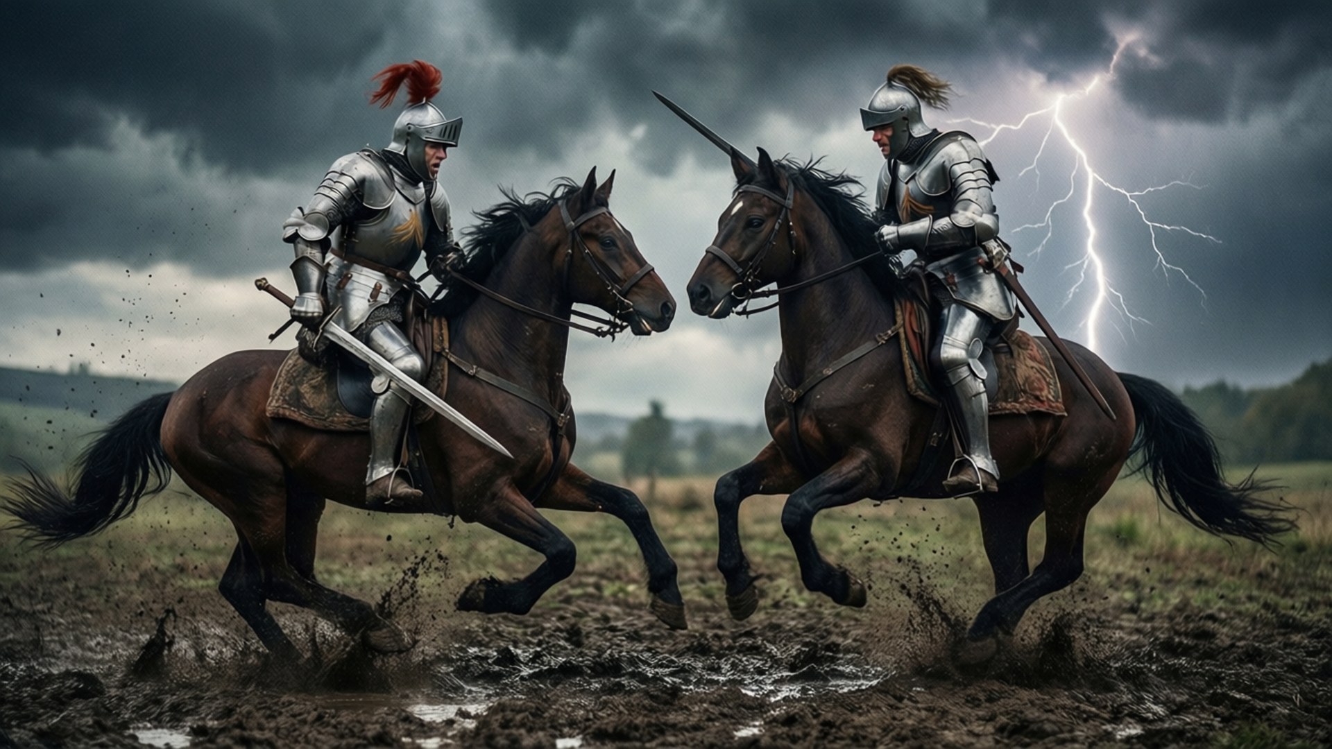 Epic Charge at Dawn 壁紙 — 兩個身穿鎧甲的騎士騎著黑馬，在泥濘的田野上揮劍交鋒，天空風雨交加，閃電劃破天際。