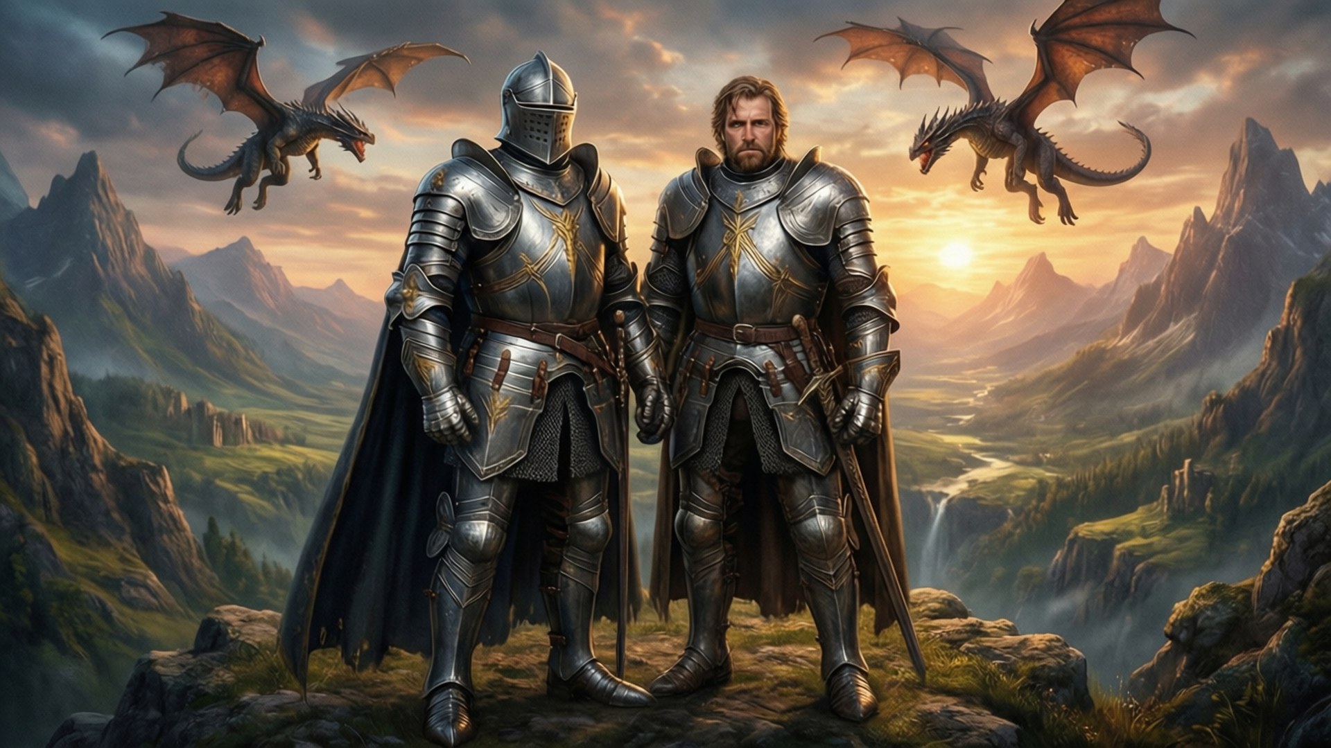 Epic Fantasy 壁紙 — 兩名身穿鎧甲的騎士站在懸崖邊，龍在日落時分翱翔於山谷之上。