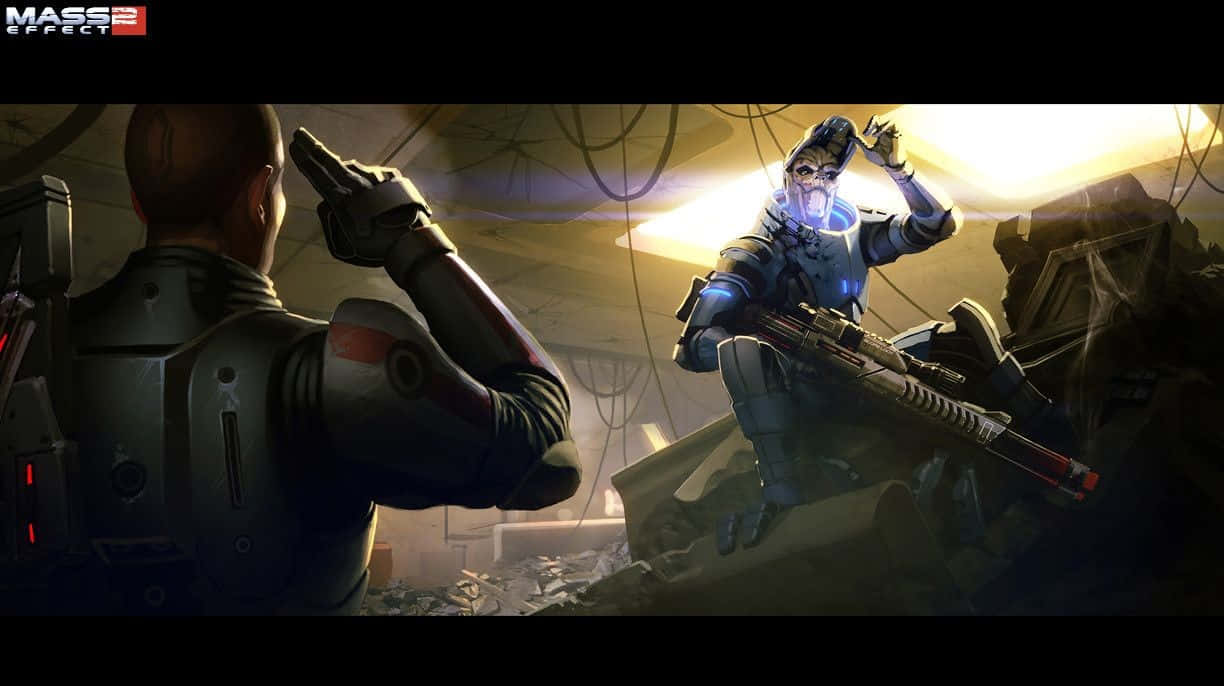 Mass Effect Trilogy 桌布 壁紙 — 兩名裝甲士兵在燈光昏暗的未來廢墟中，以戲劇性的背光對峙。