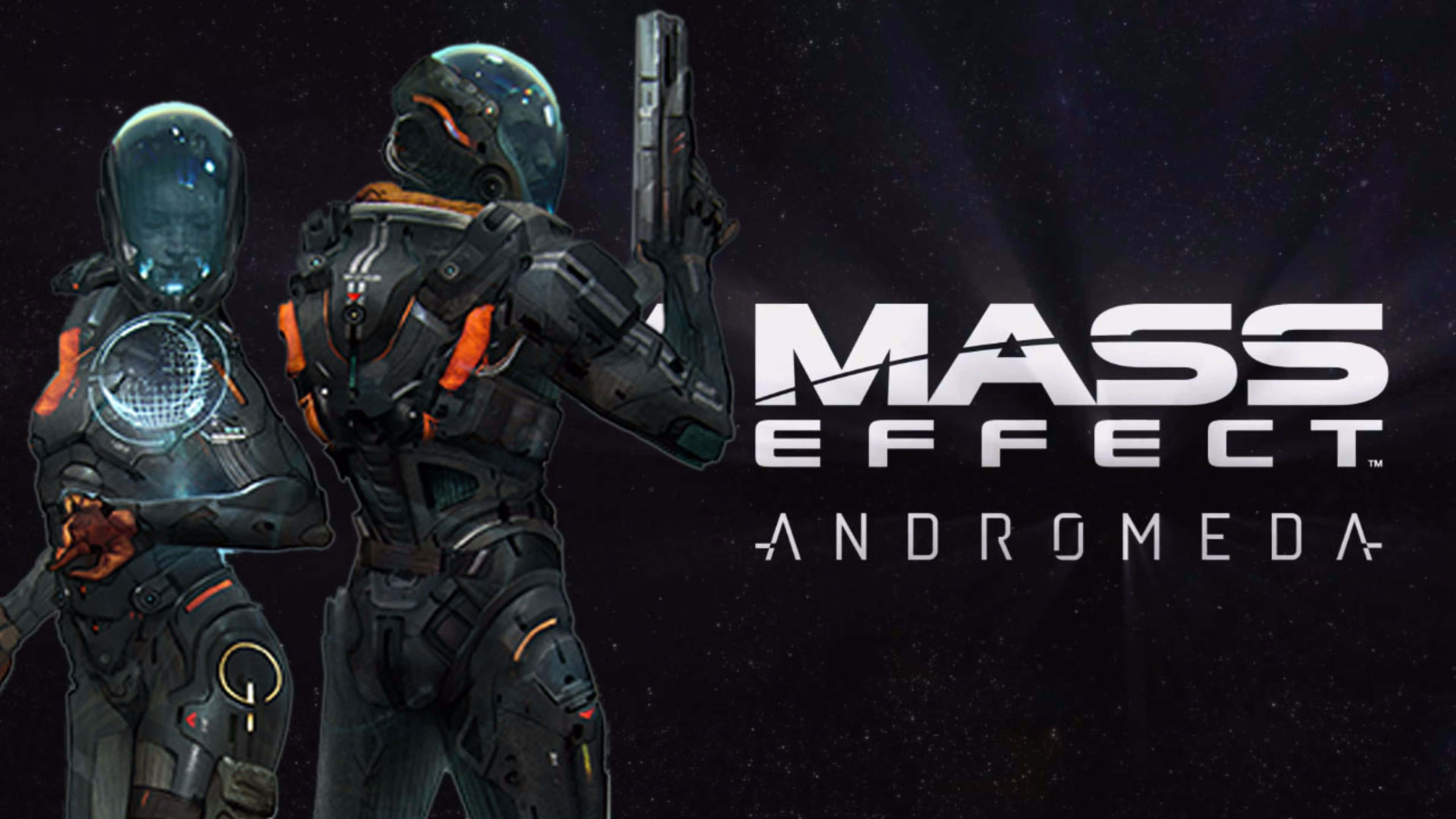 Mass Effect Andromeda 桌布 壁紙 — 兩名裝甲太空士兵站在星空虛空中，手持帶有發光橙色裝飾的武器。