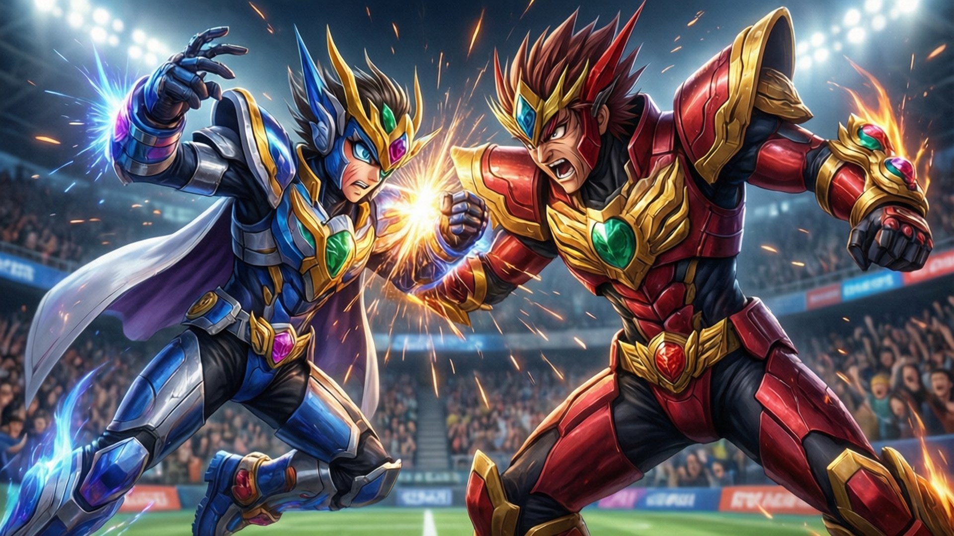 Valt vs Shu Showdown 壁紙 — 兩名身穿盔甲的戰士在體育場內交鋒，發光的拳頭之間迸發出能量火花。