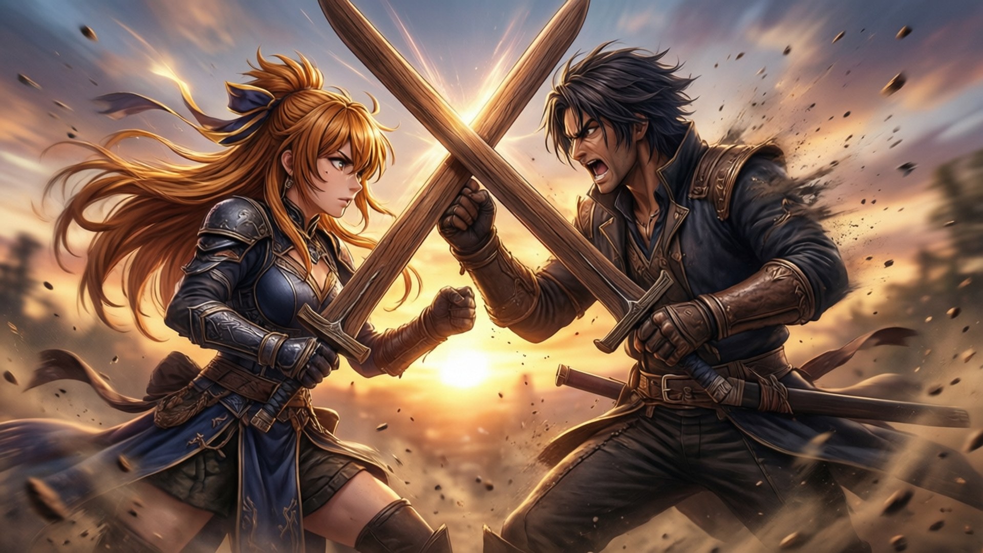 Sparring Match 壁紙 — 兩名身穿鎧甲的戰士在塵土飛揚的戰場上交劍，夕陽在他們身後落下，灑下金色光芒。