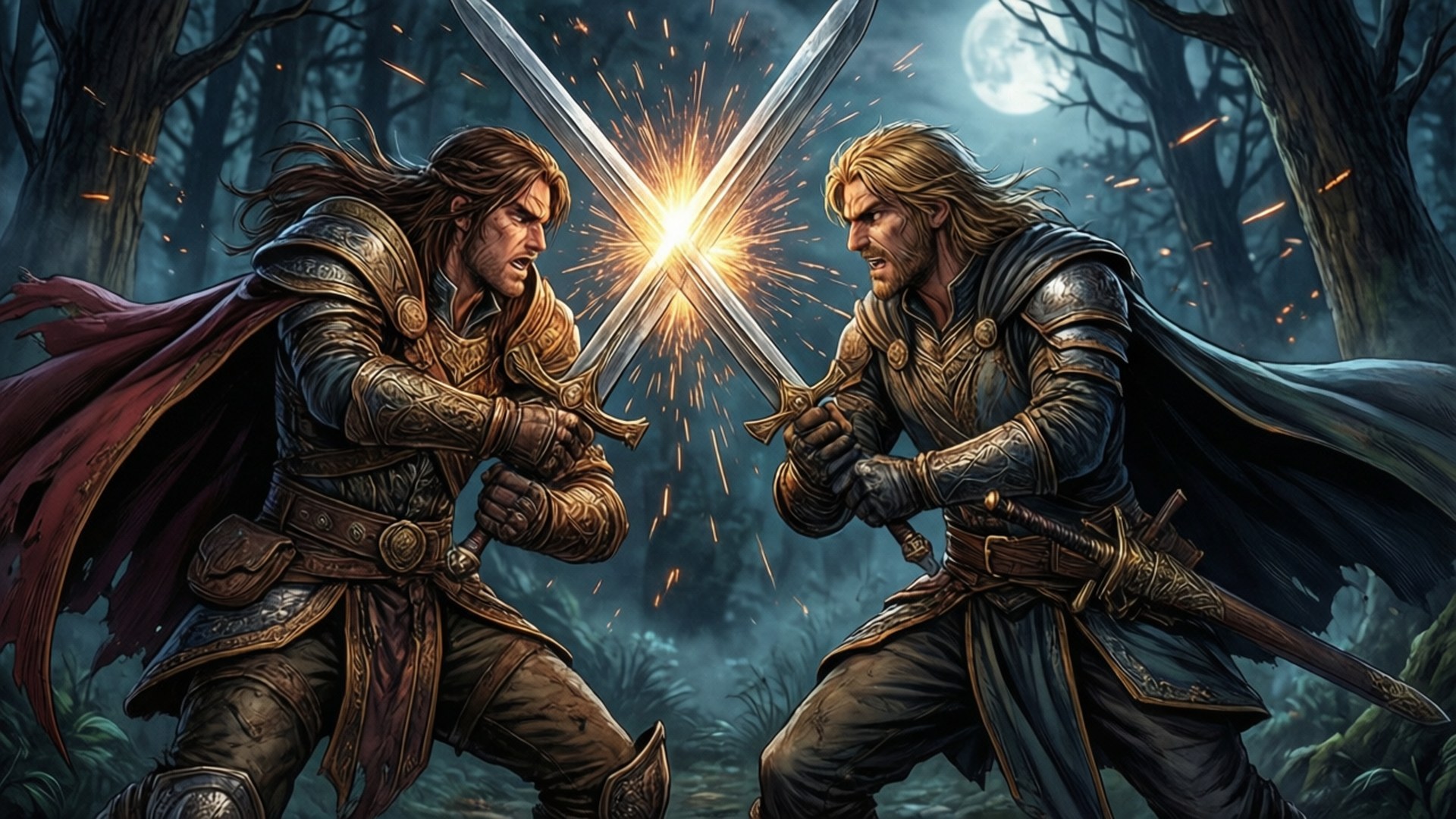 Sibling Duel 壁紙 — 兩名身穿鎧甲的戰士在月光照耀的森林中交鋒，劍刃之間火花四濺。