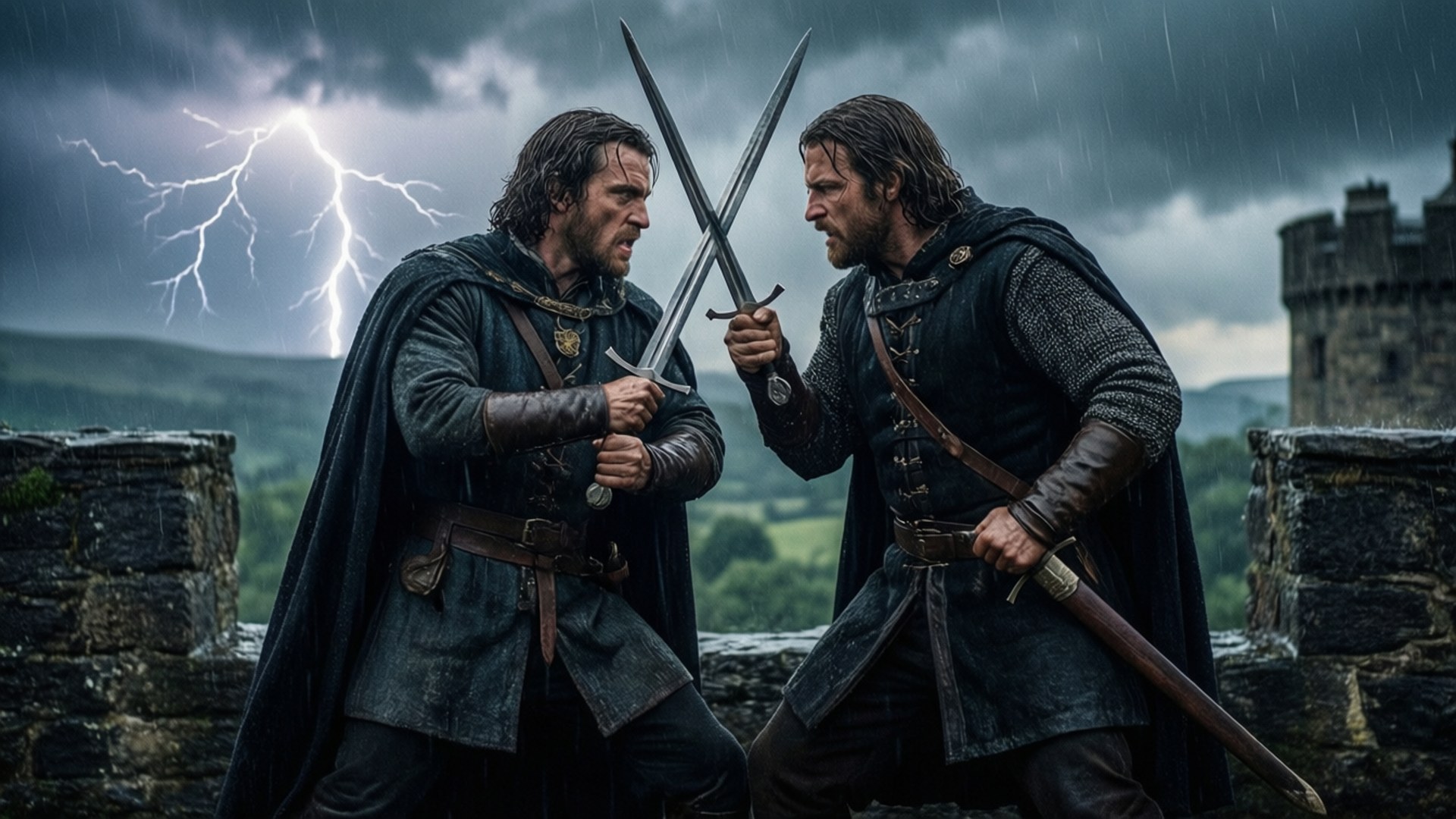 桌布 壁紙 — 兩名身穿盔甲的戰士在石頭城垛上交劍，閃電在他們身後暴風雨的天空中劈下。