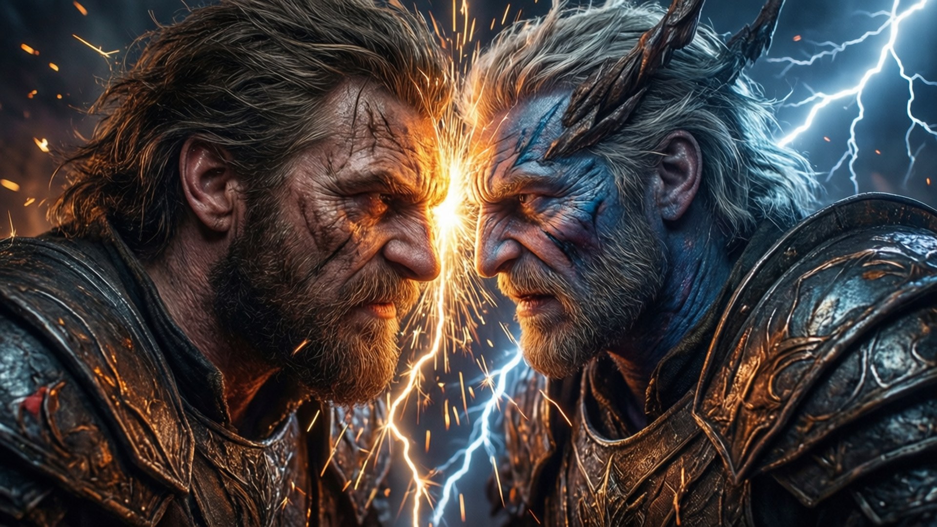 Clash of Titans 壁紙 — 兩名身穿鎧甲的戰士在暴風雨的天空下對峙，劍刃交擊火花四濺。