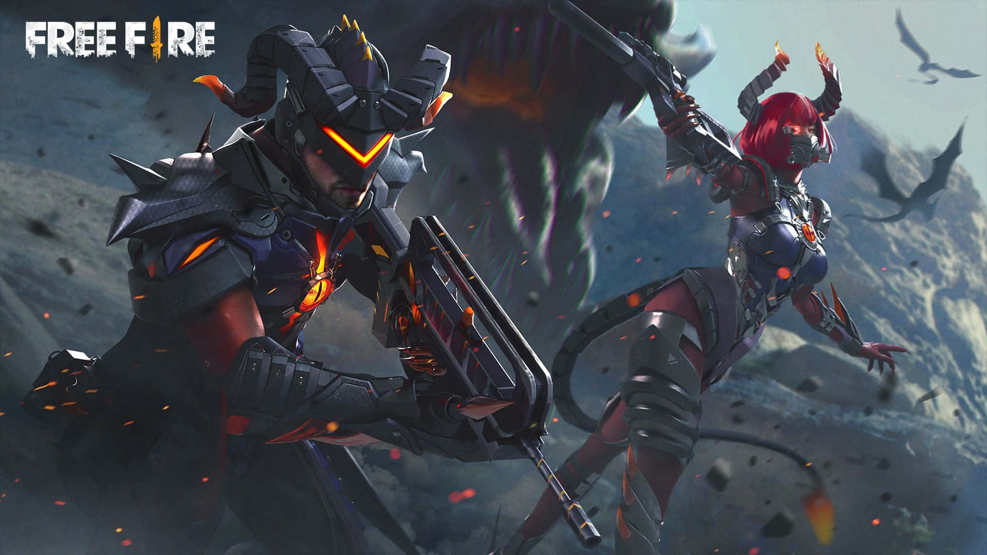 兩名裝甲戰士在岩石景觀中手持武器戰鬥，火花飛濺。 — Free Fire 壁紙