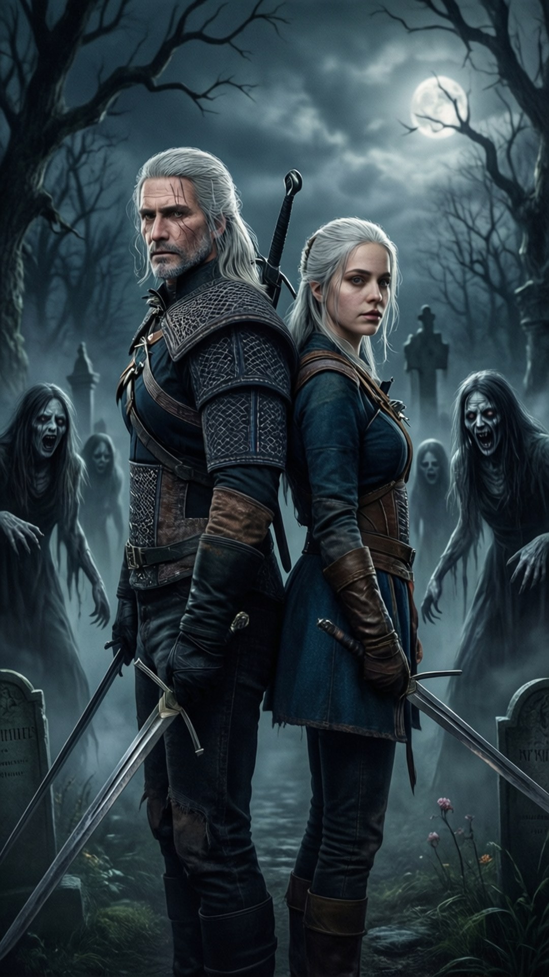 Ciri and Geralt Battle 壁紙 — 兩個身穿盔甲的戰士在月光下的墓地背靠背站立，而鬼魂般的身影從他們背後的迷霧中升起。