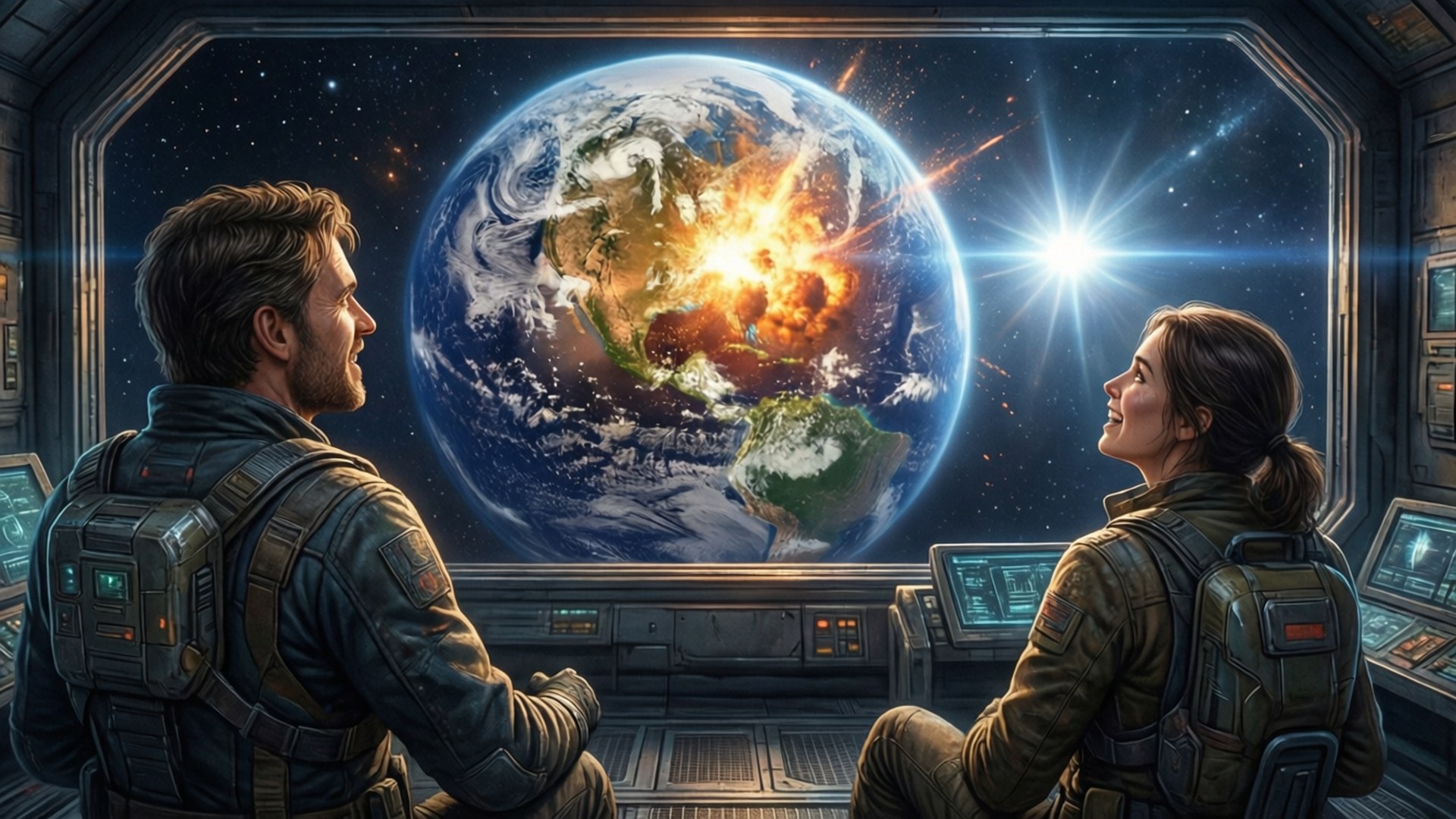 Escape from Earth 壁紙 — 兩名太空人在太空船駕駛艙內，凝視著一顆行星在繁星點點的虛空中爆炸成熾熱的橙色和藍色。