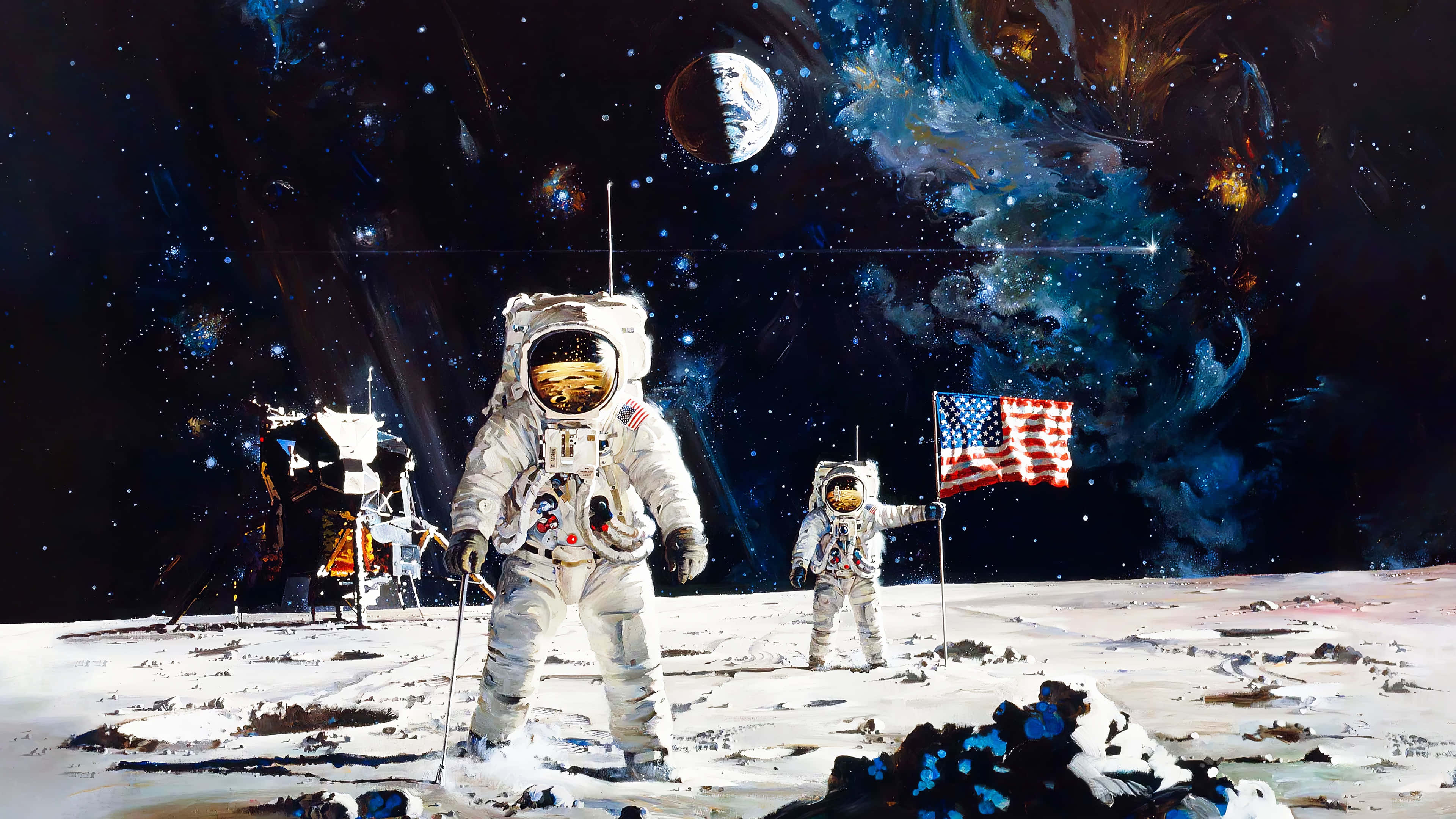 Neil Armstrong 桌布 壁紙 — 兩名太空人站在月球表面插上美國國旗，背後星空可見地球和星雲。