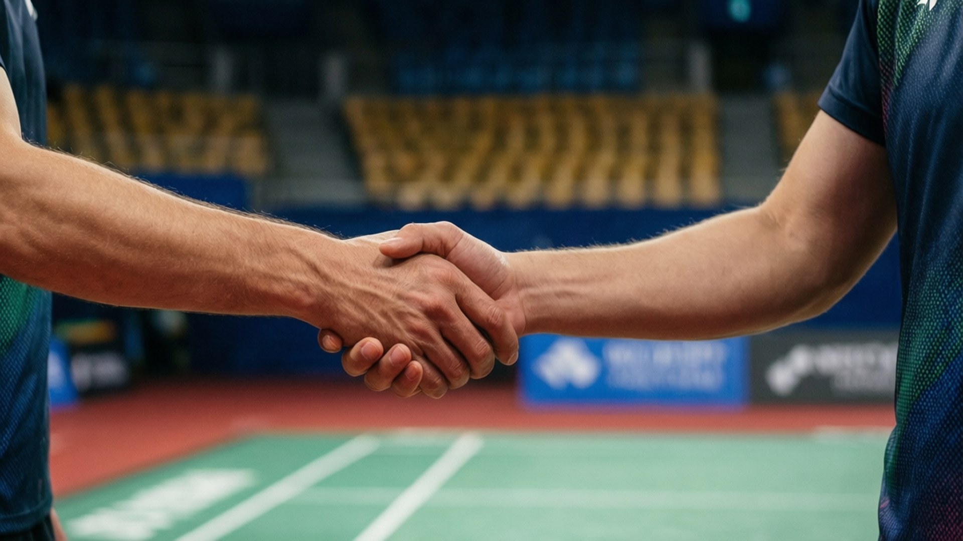 Post-Match Handshake 壁紙 — 兩名運動員在羽毛球場上握手，背景是空的黃色座位。