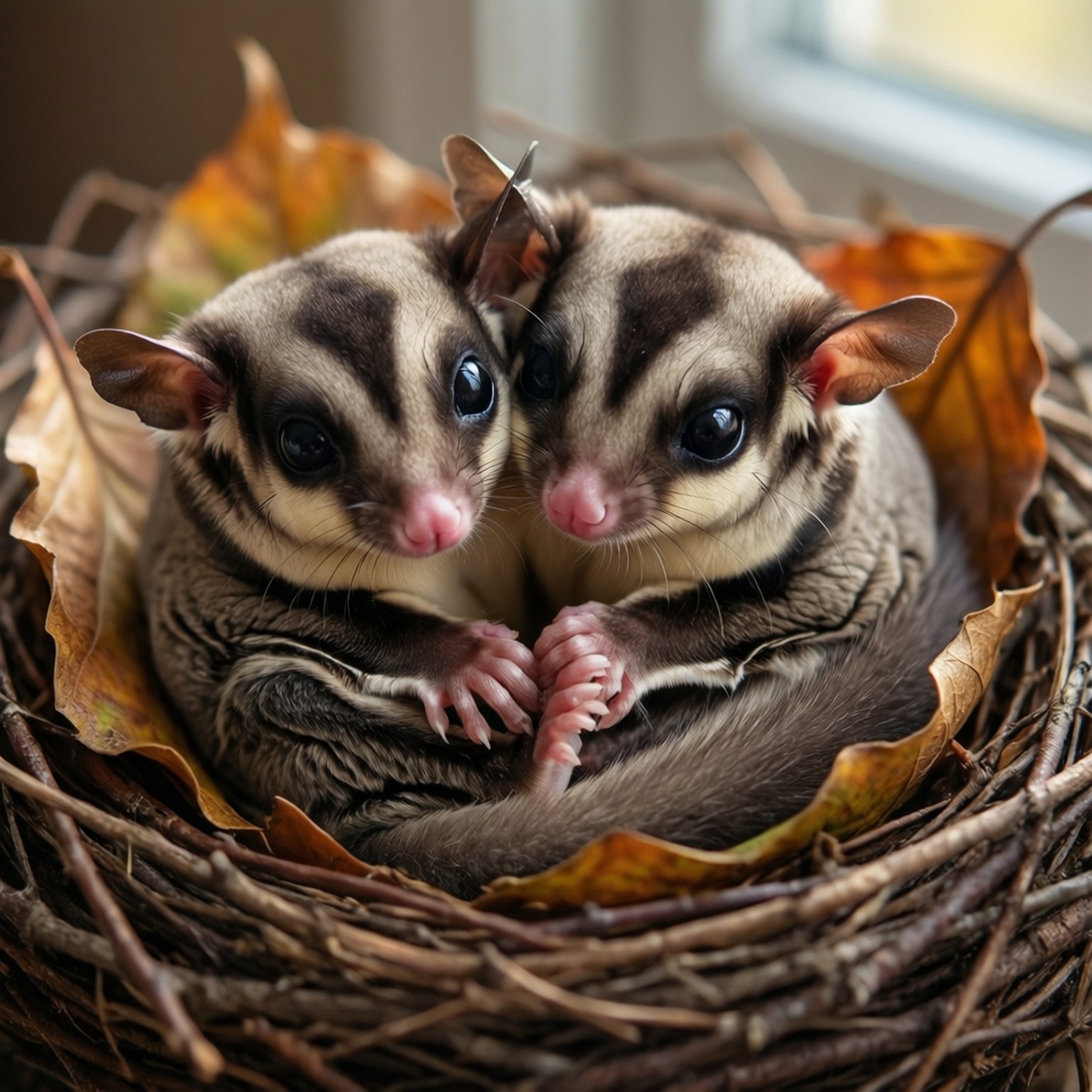 Cuddling Sugar Gliders 壁紙 — 兩隻蜜袋鼯寶寶在一個用樹枝編織、鋪滿秋葉的巢穴中依偎在一起。