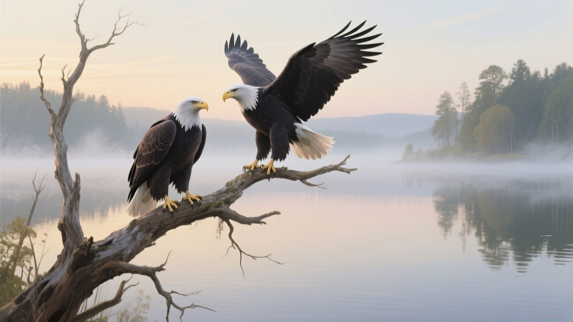 Two Eagles at Dawn 壁紙 — 兩隻白頭鷹棲息在黎明時分霧氣瀰漫的湖面上方一根多節的樹枝上，背景是森林覆蓋的山丘。