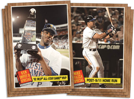 兩張棒球交易卡，展示 Ken Griffey Jr. 和 Mike Piazza 的動作場面。 — MLB 壁紙