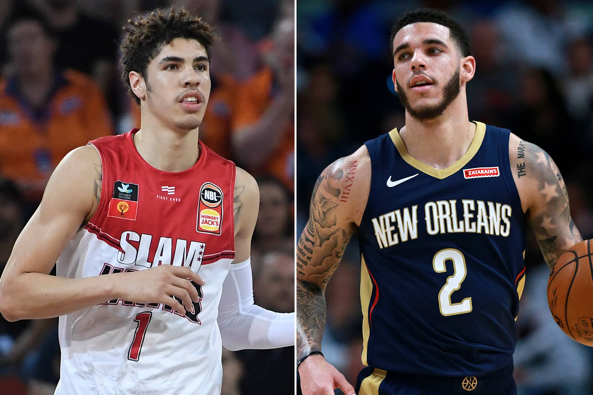 兩名職業籃球運動員身穿隊服在比賽中。 — NBA 壁紙