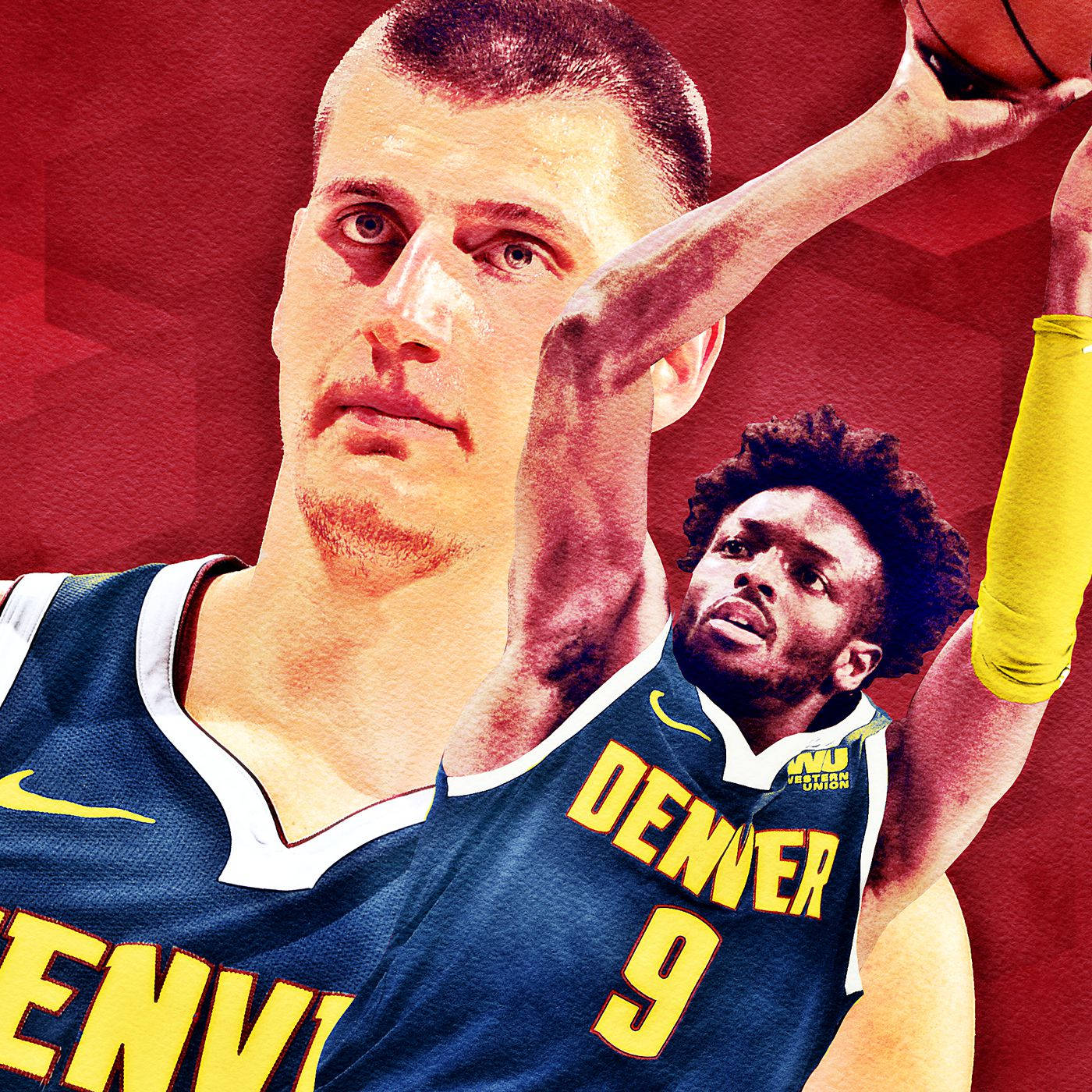 比賽期間兩名丹佛金塊隊籃球運動員在空中。 — NBA 壁紙