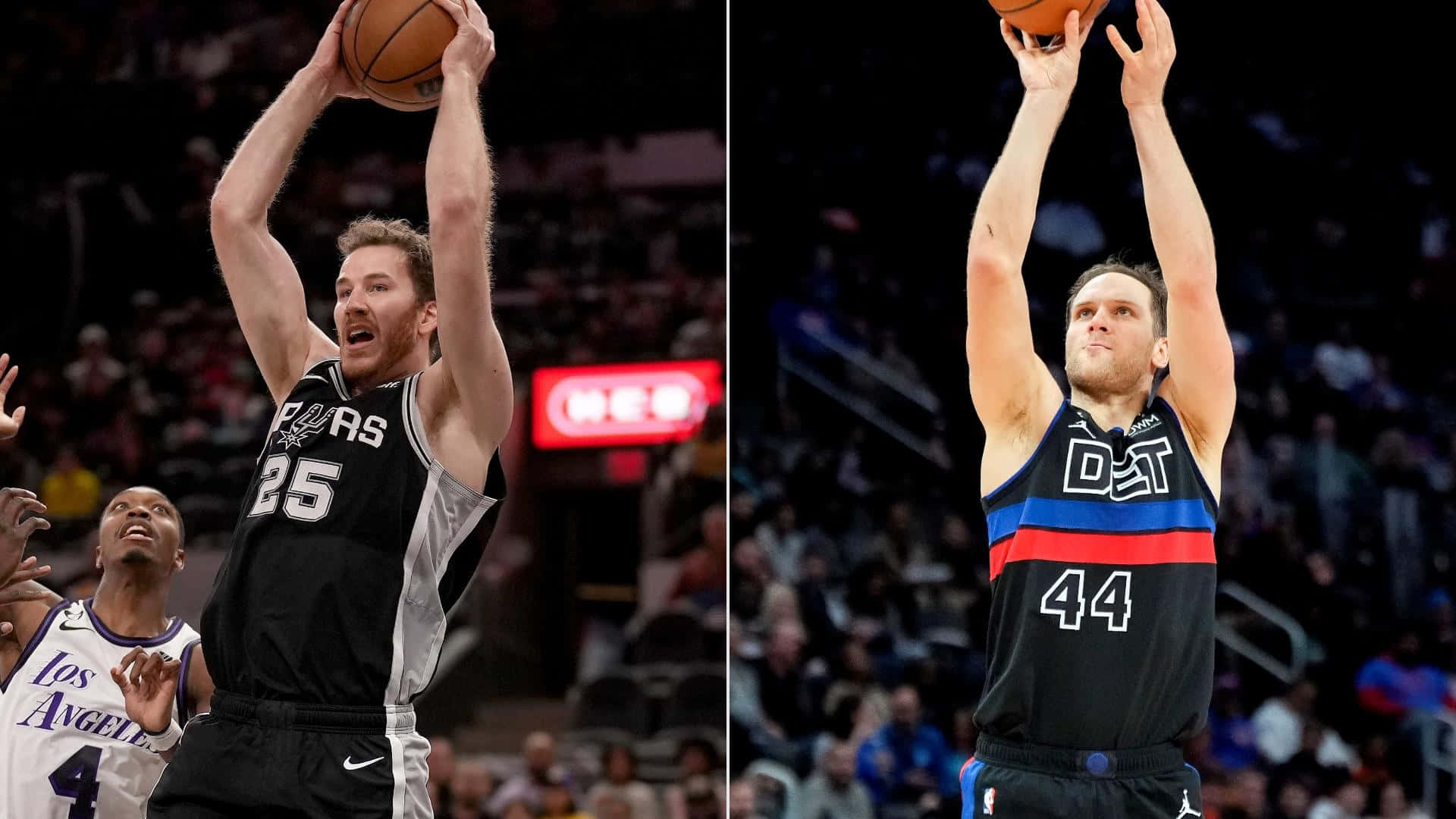 兩名籃球運動員在比賽中投籃，背景有觀眾。 — NBA 壁紙
