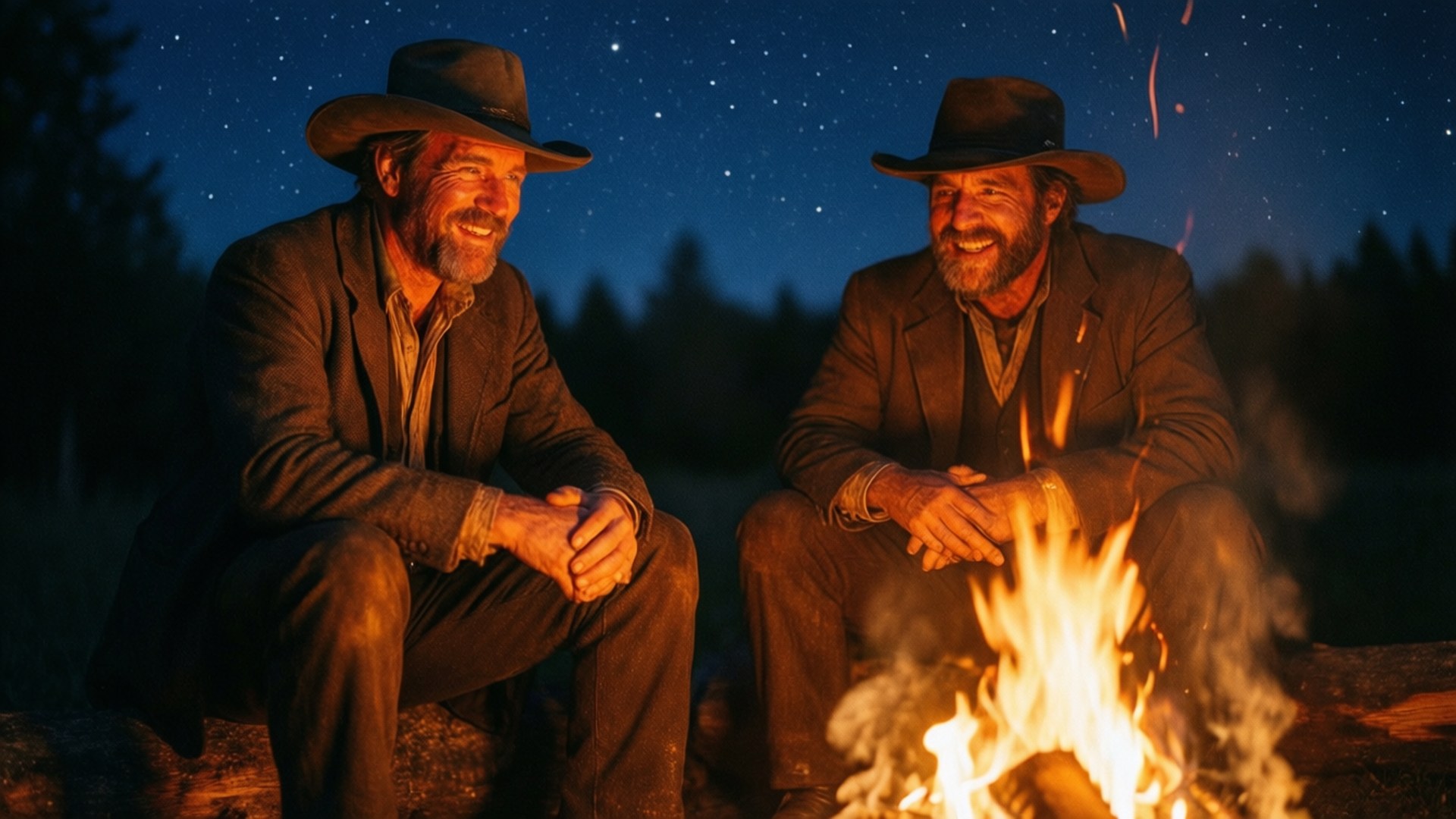 Gang's Campfire 壁紙 — 兩個留鬍鬚的男人戴著牛仔帽，坐在繁星點點的夜空下熊熊燃燒的營火旁，背景有樹木。