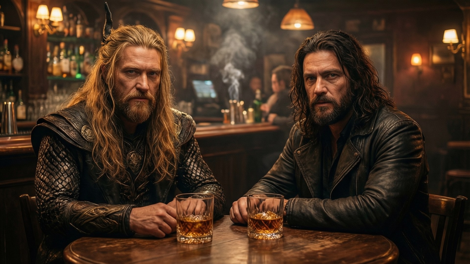 Whiskey and Gods 壁紙 — 兩名留鬍鬚的男子身穿皮甲和外套，坐在昏暗酒館的木吧檯旁，手拿威士忌杯。