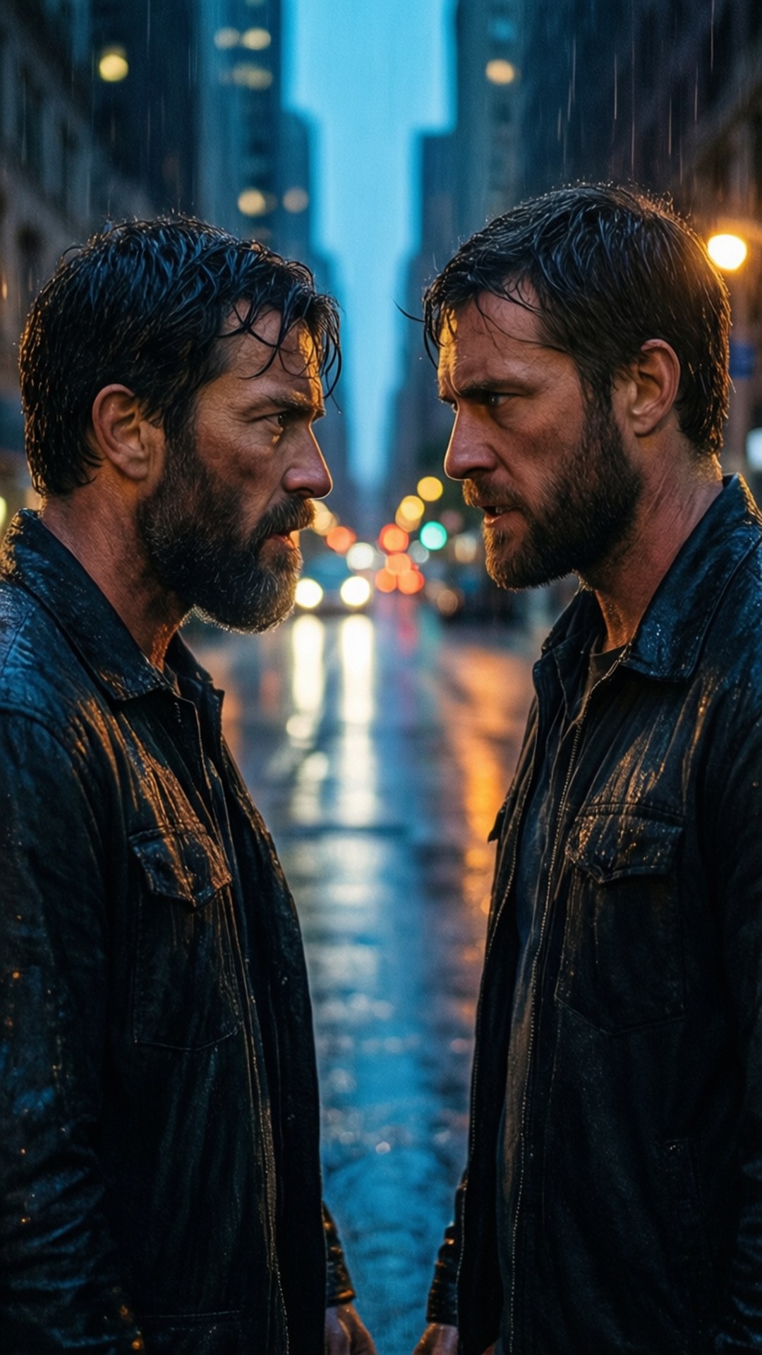 Brothers in Rain 壁紙 — 兩個留鬍鬚的男人穿著濕透的黑色外套，在黃昏時分的雨滑城市街道上對峙，背後有模糊的路燈。