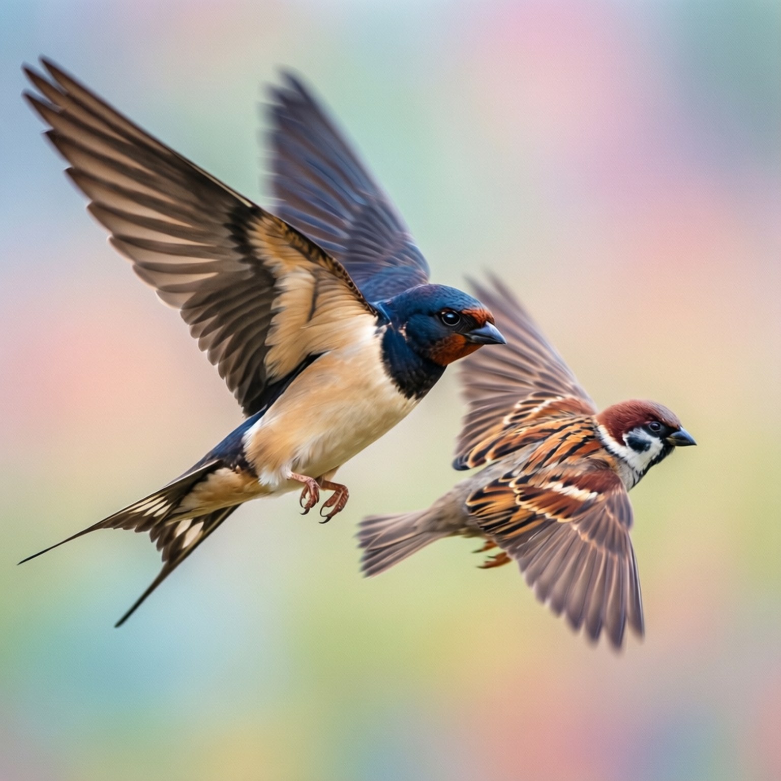 Swallow 桌布 壁紙 — 兩隻鳥兒在柔和粉彩的天空中優雅翱翔，翅膀在空中展開。