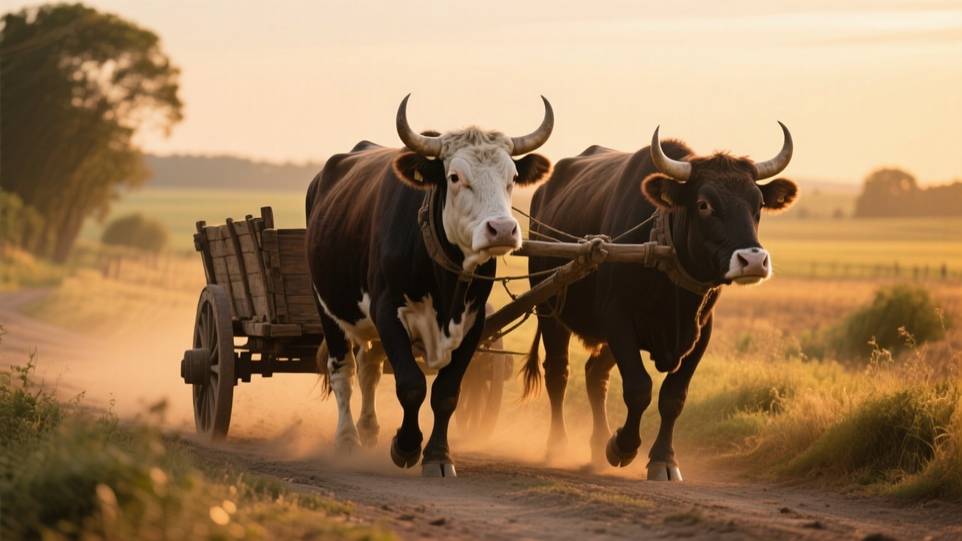 Oxen Pulling Cart 壁紙 — 兩頭黑白公牛在黃金時段沿著塵土飛揚的鄉村道路拉著一輛木製馬車。