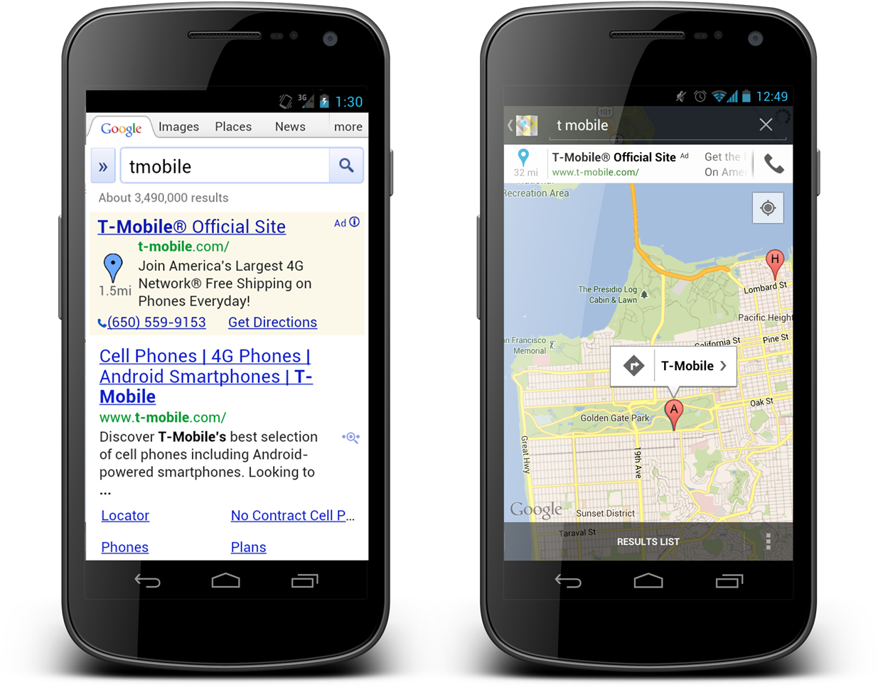 兩支智慧型手機顯示T-Mobile搜尋結果和商店地圖。 — Google 壁紙