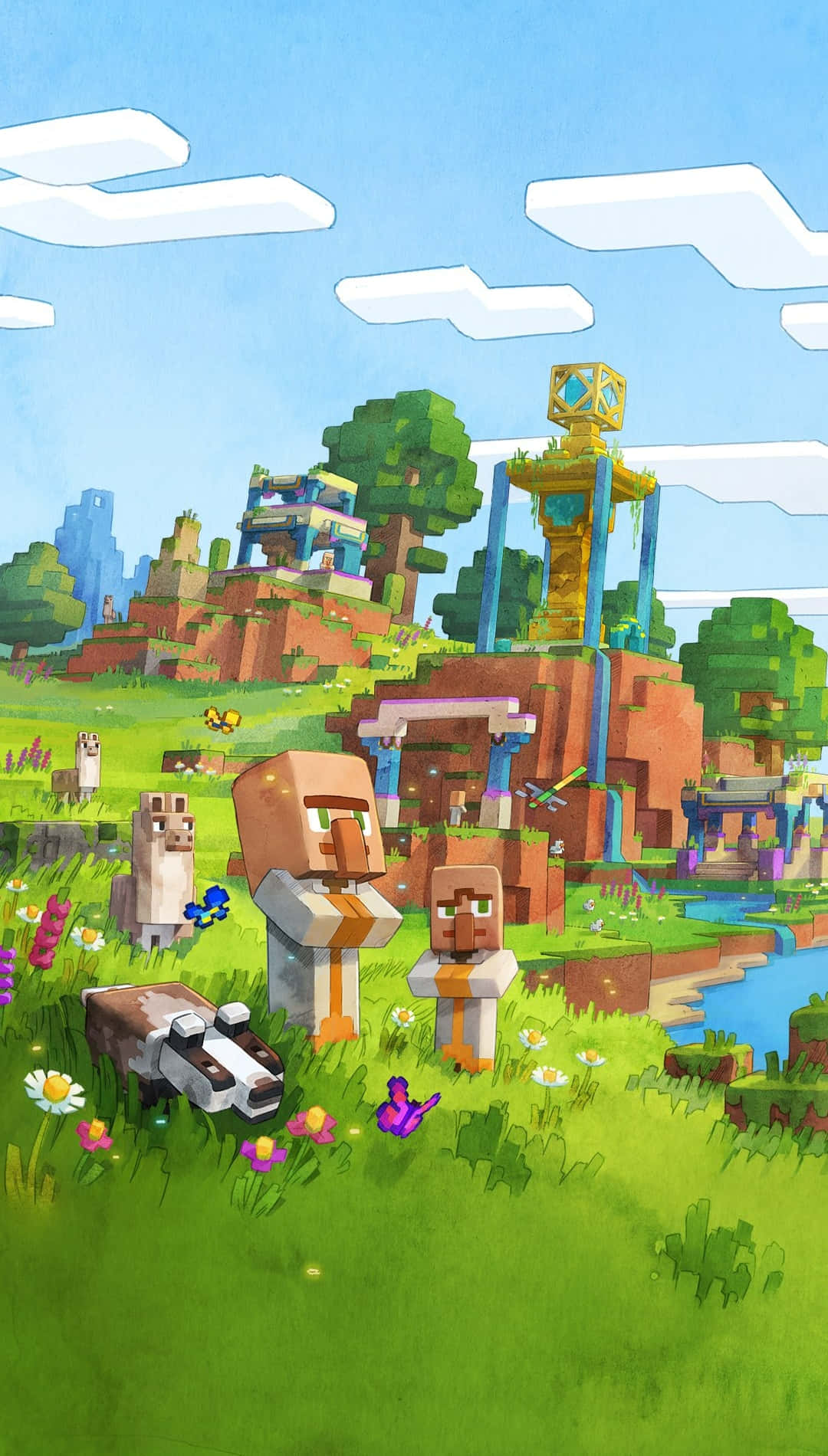  壁紙 — 兩個方塊狀的Minecraft角色站在一個充滿活力的草地上，草地上有色彩繽紛的花朵和遠處的村莊，天空湛藍明亮。