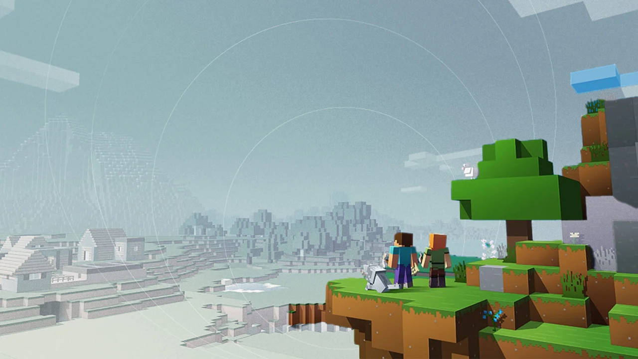兩名Minecraft玩家俯瞰著一個浮空島嶼世界，擁有方塊狀地形和遠處的建築物。 — 可愛的 Minecraft 壁紙