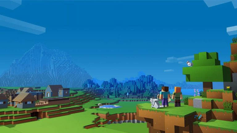 兩個Minecraft角色俯瞰著像素化的村莊和山脈。 — 可愛的 Minecraft 壁紙
