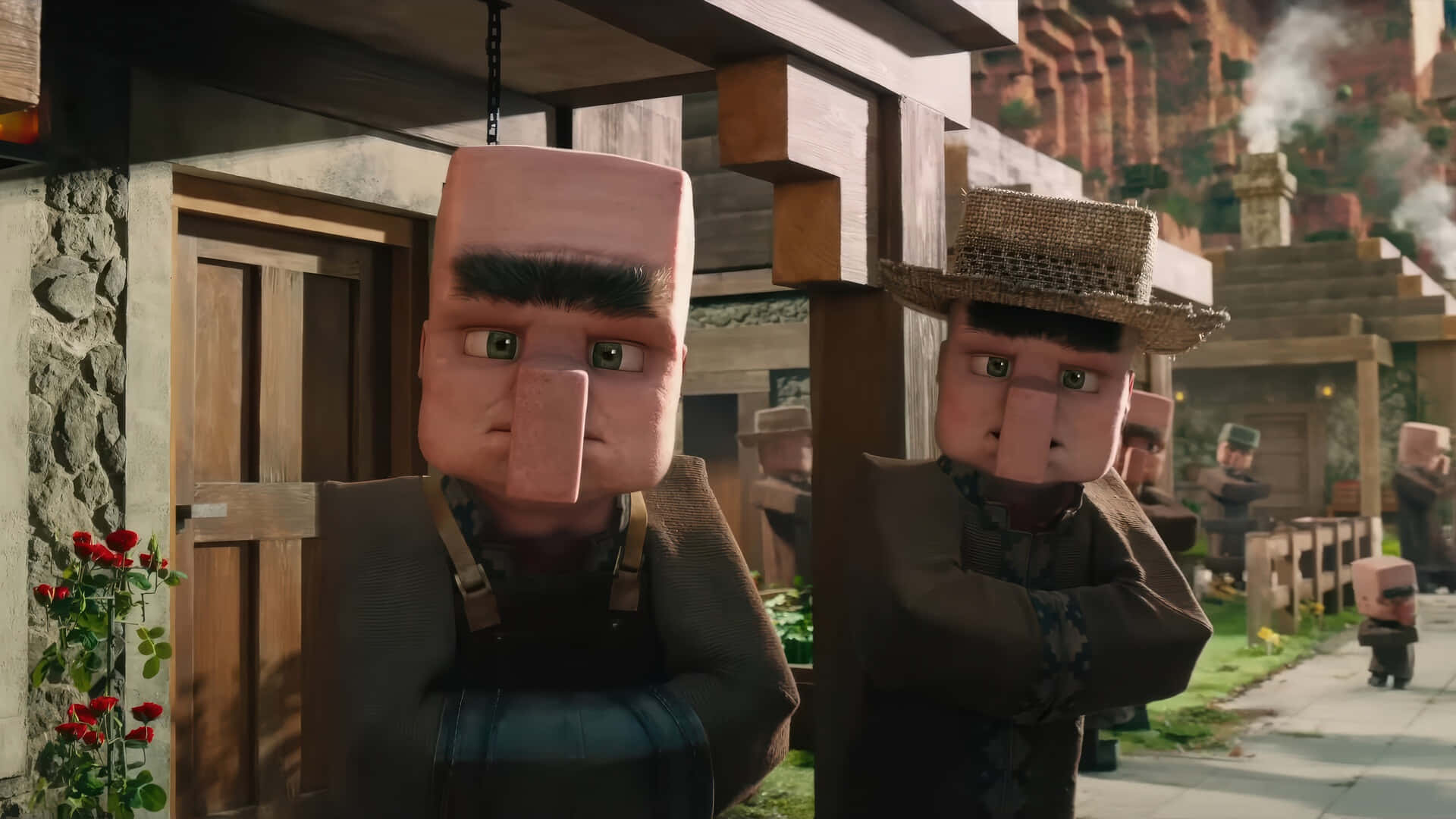  壁紙 — 兩個方塊狀的Minecraft村民，帶著像素化的面孔，站在一個有紅玫瑰附近的質樸木造村莊中。