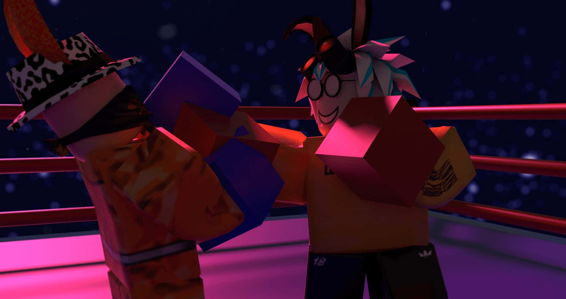  壁紙 — 兩個方塊狀的 Roblox 角色在拳擊擂台上，在霓虹燈光下，以星空夜空為背景互相揮拳。
