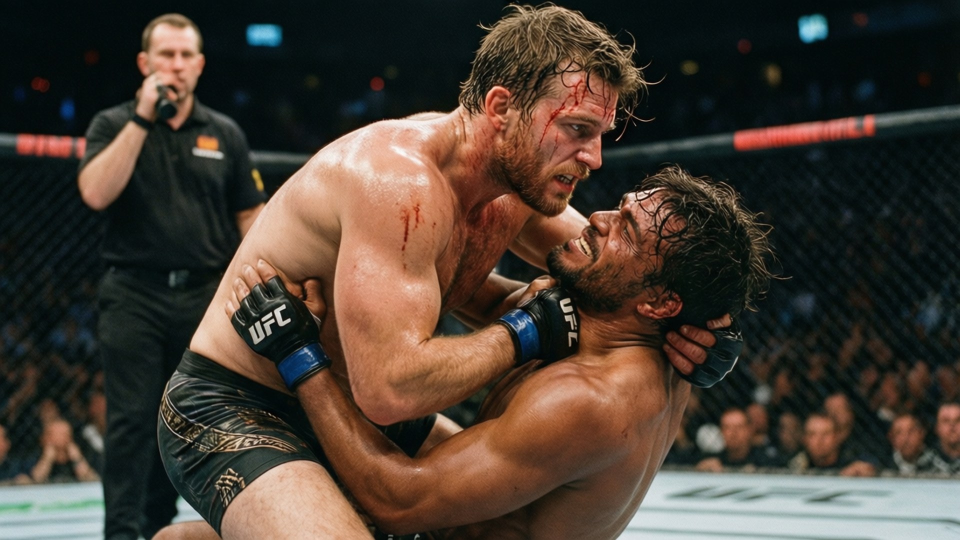 Cage Battle 壁紙 — 兩名血跡斑斑的MMA拳手在籠中激烈纏鬥，裁判在場館燈光下緊密注視。