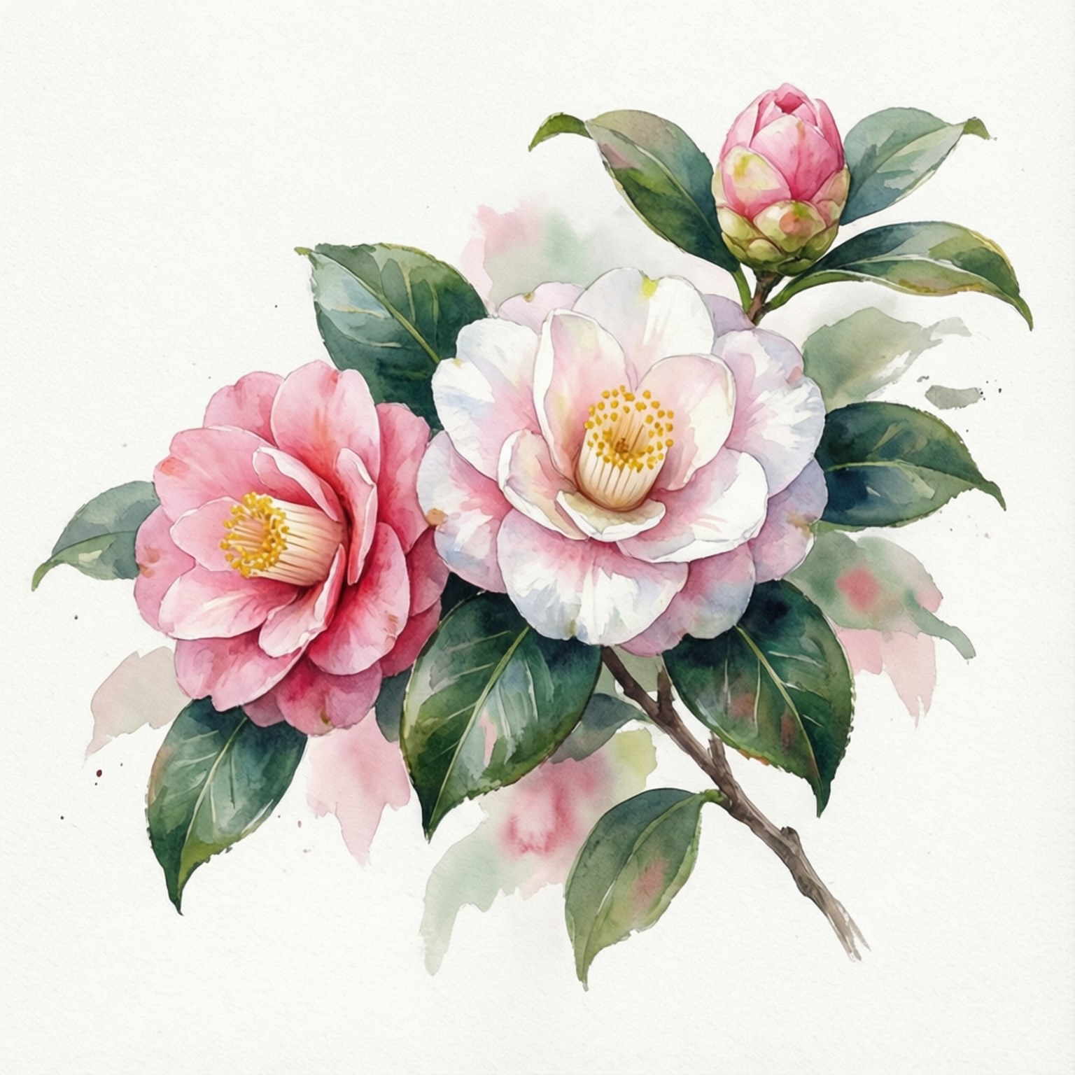 Watercolor Camellia Branch 壁紙 — 兩朵盛開的粉紅色山茶花，帶有黃色雄蕊和一個花蕾，在帶有深綠色葉子的樹枝上，襯著柔和的水彩背景。