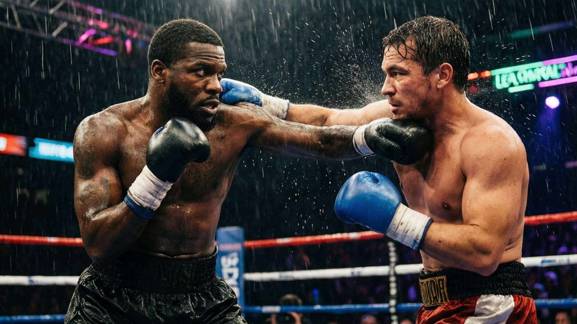 Gervonta Davis Vs Leo Santa Cruz 桌布 壁紙 — 兩名拳擊手在濕透的擂台上交鋒，其中一人在明亮的場館燈光下向對方臉部擊出強力一拳。
