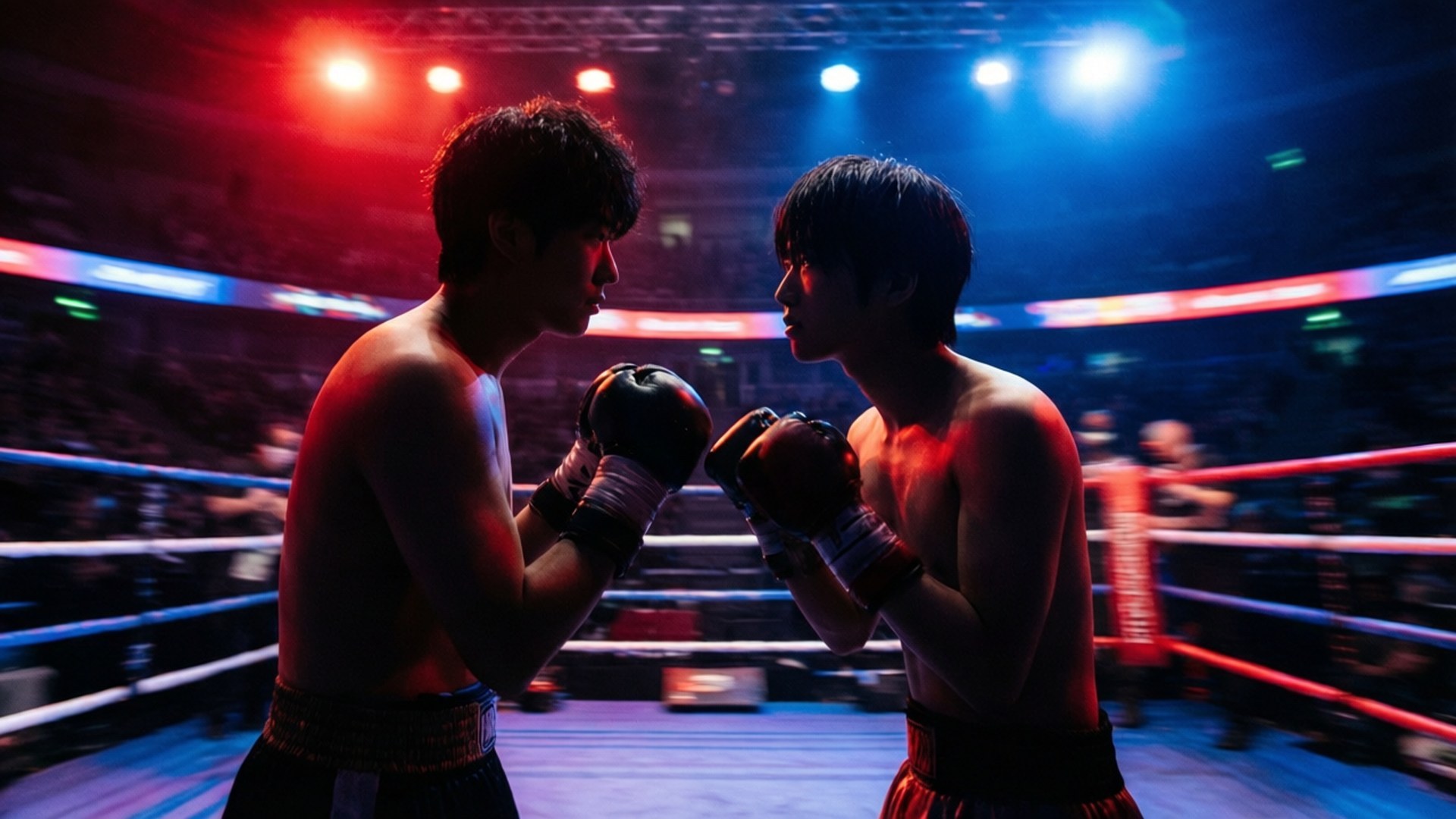 Joe vs Yuri Silhouette 壁紙 — 兩名拳擊手在昏暗的擂台上對峙，擂台上佈滿紅色和藍色的舞台燈光，背景是模糊的人群。