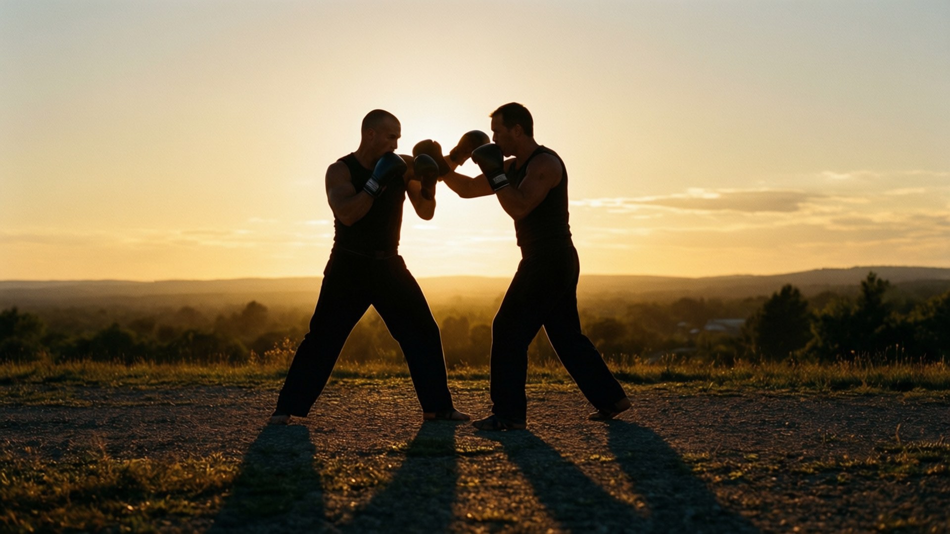 Sunset Shadow Boxing 壁紙 — 兩名拳擊手在金色夕陽下，於長滿青草的山頂上以剪影形式對練，遠方有山丘。