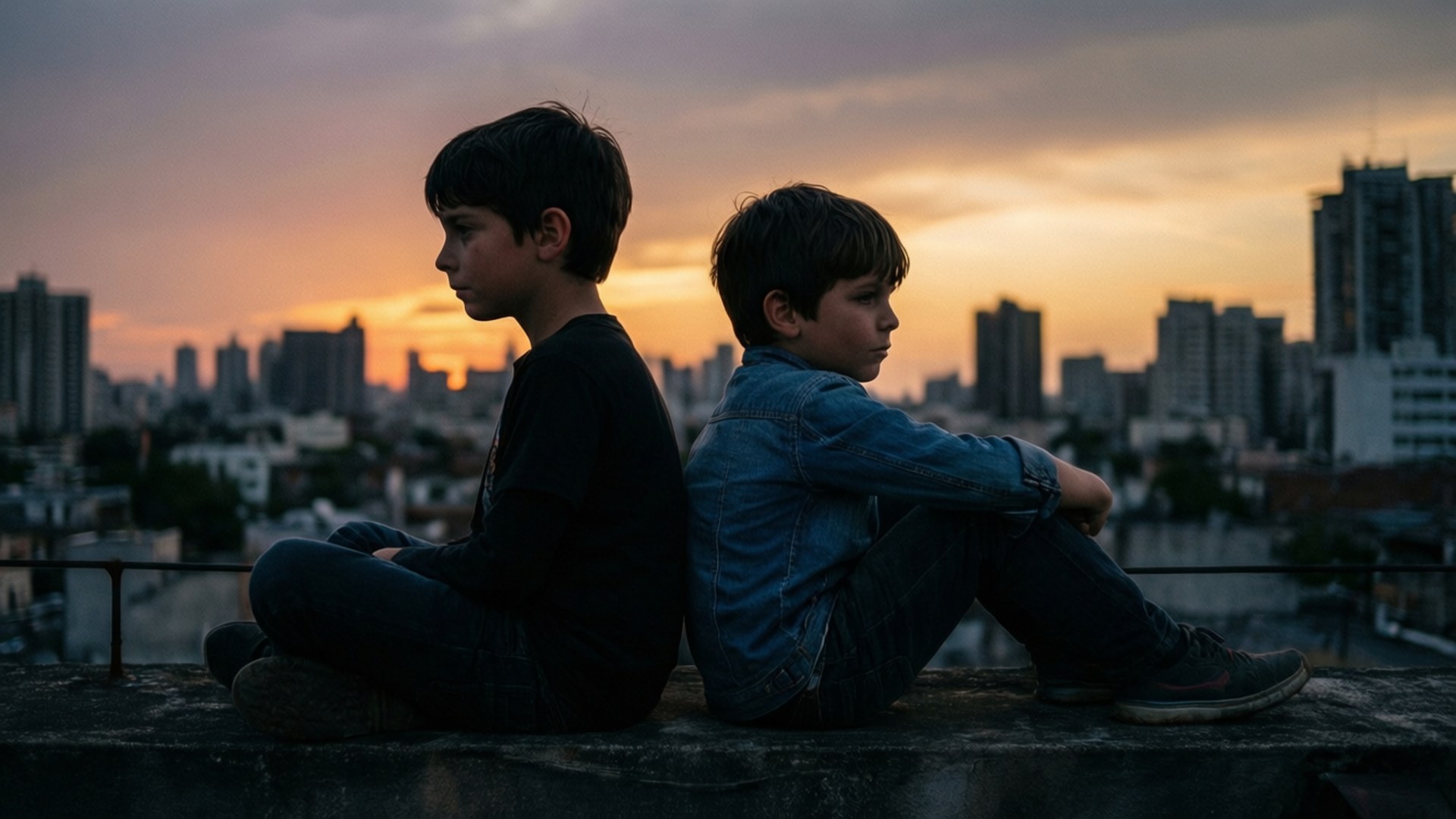 Boys DP 桌布 壁紙 — 兩個男孩背對背坐在屋頂上，俯瞰夕陽下溫暖橙色和紫色色調的城市天際線。