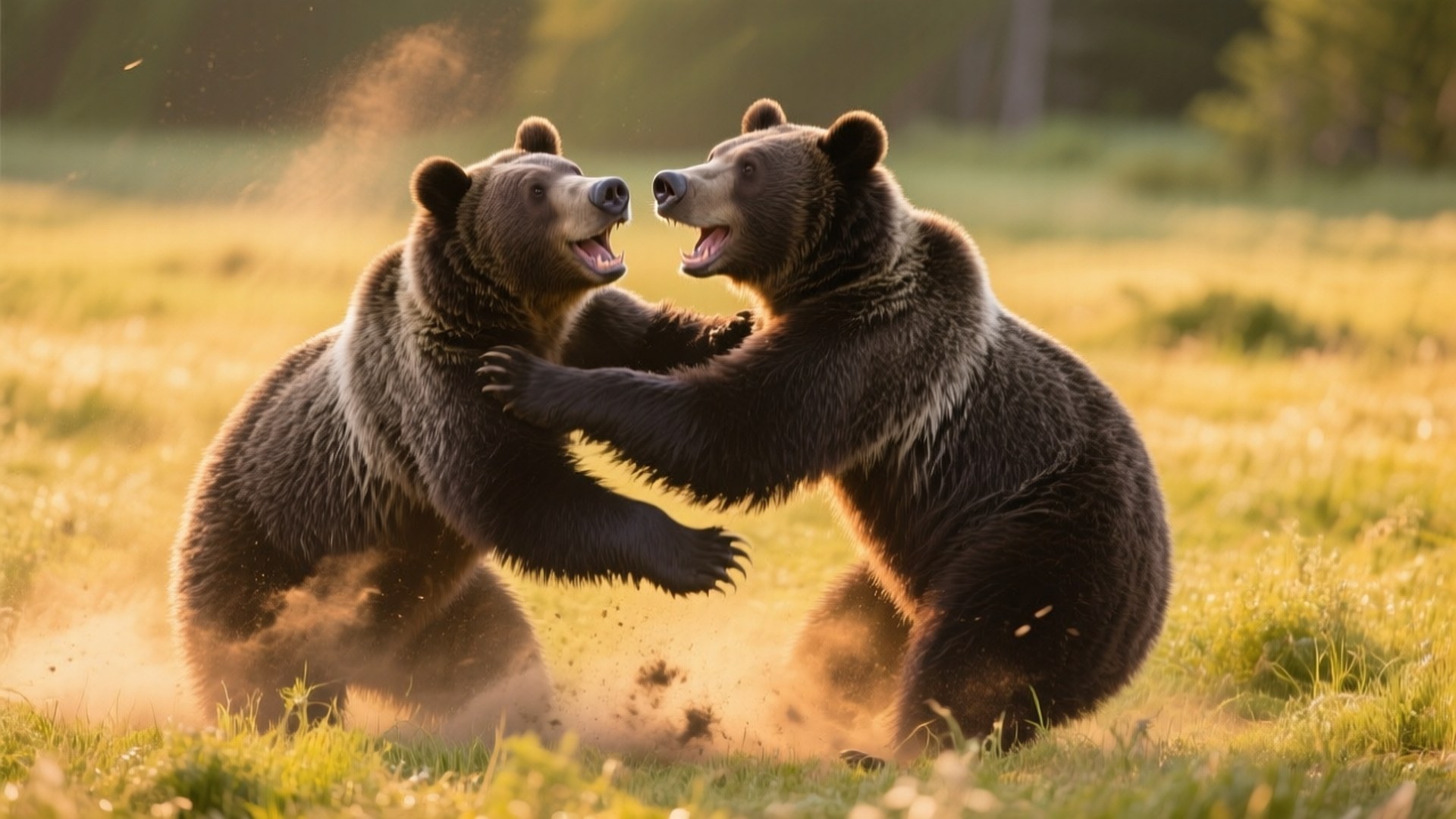 Playful Grizzlies 壁紙 — 兩隻棕熊用後腿站立，在陽光明媚的草地上扭打，揚起灰塵。