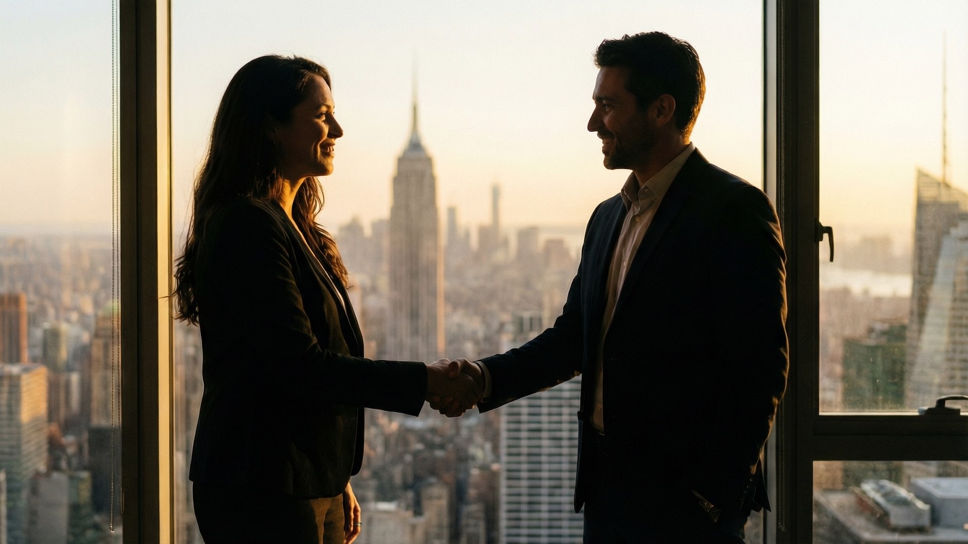 Sunset Handshake Deal 壁紙 — 兩位商業專業人士在窗前握手，窗外是金色時光的城市景觀，可見帝國大廈。