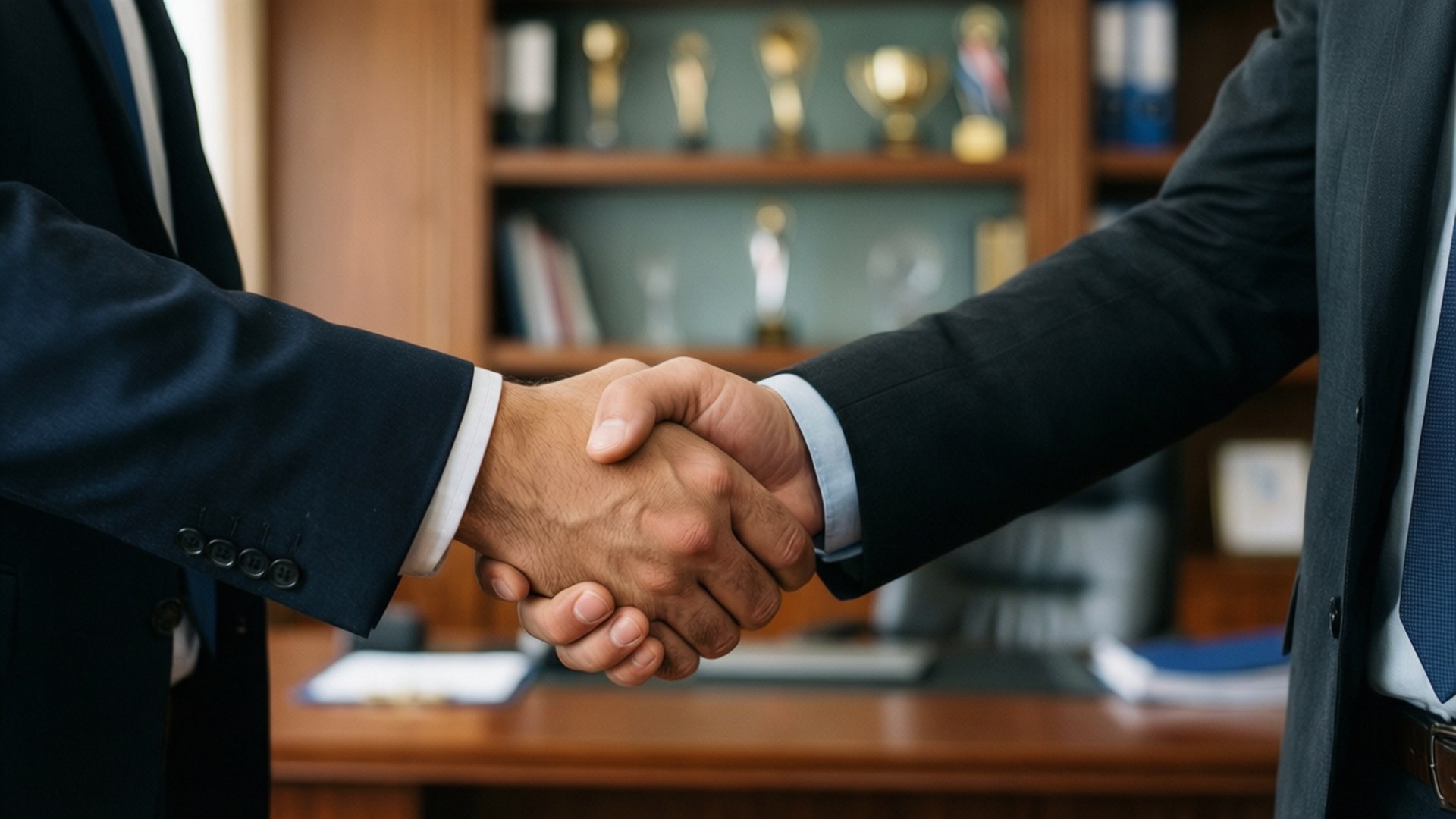 Business Handshake 壁紙 — 兩位身穿西裝的商人在木質鑲板辦公室內堅定握手，身後架子上擺放著獎盃。