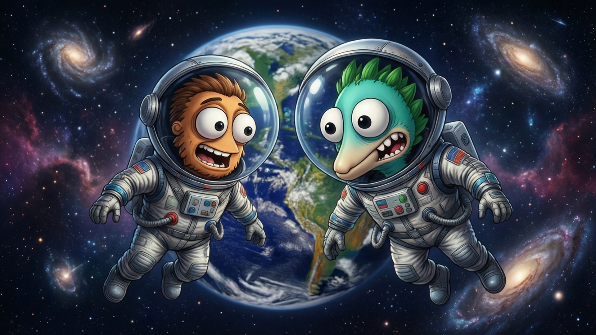Space Explorers 壁紙 — 兩個卡通太空人睜大眼睛，在色彩繽紛的星系環繞下漂浮在地球附近的太空中。