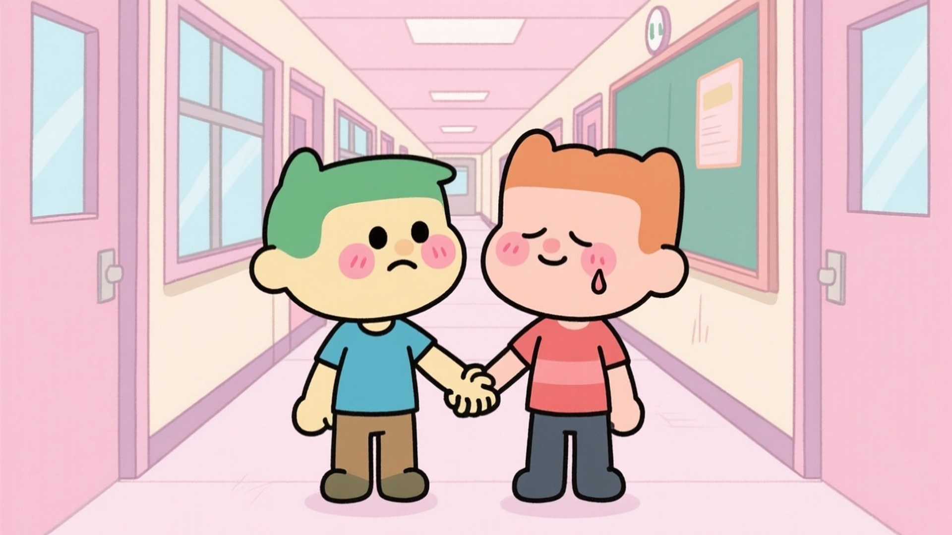 Tweek and Craig Romance 壁紙 — 兩個卡通男孩在粉紅色走廊裡手牽手，一個悲傷哭泣，另一個臉頰泛紅安慰著。
