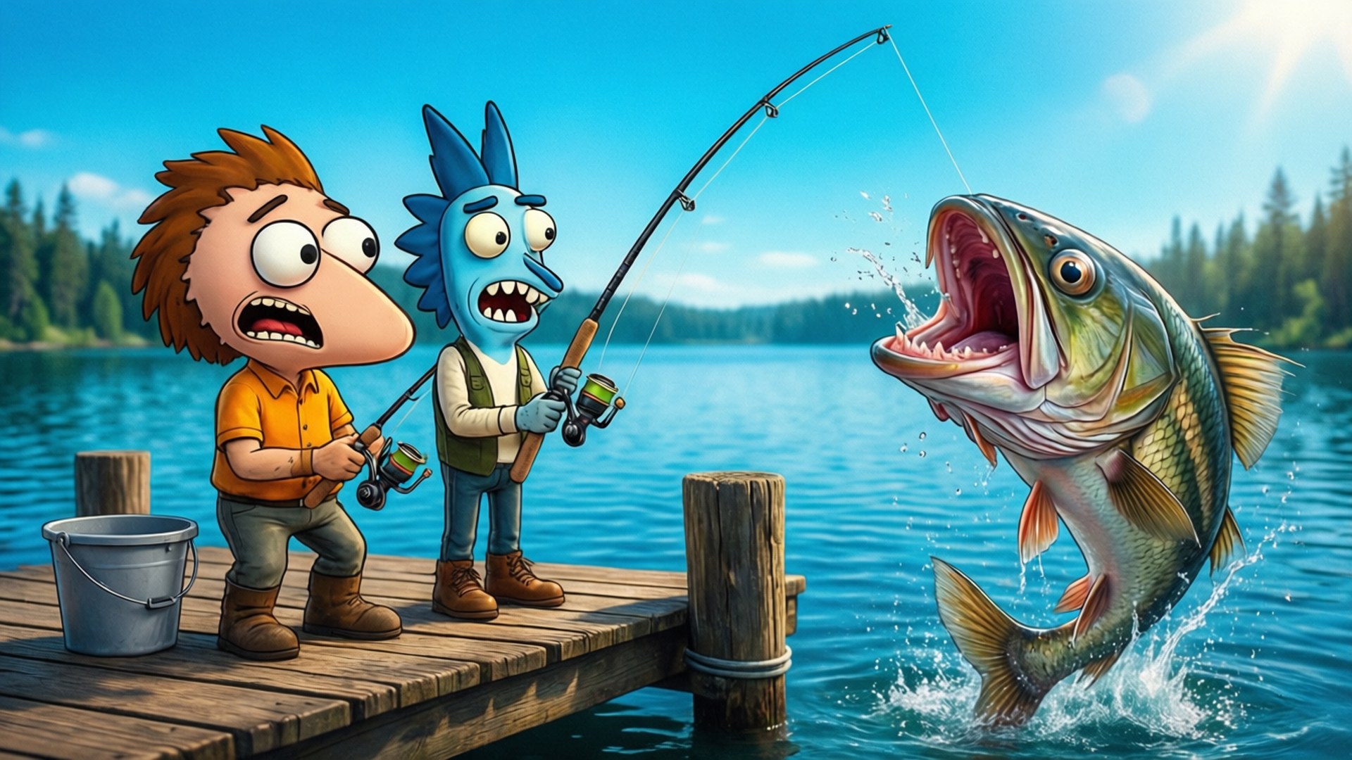 Fishing Buddies 壁紙 — 兩個卡通男孩在木製碼頭上用捲軸拉起一條從碧綠水中躍出的巨魚，背景是明亮的藍天。