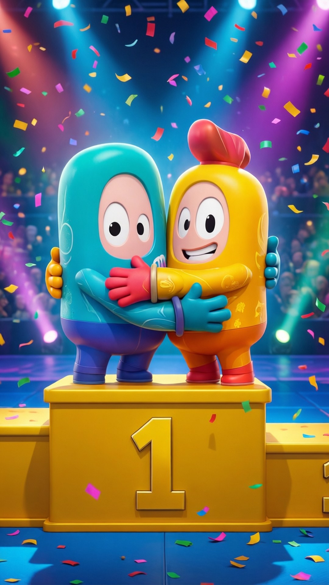 Victory Hug 壁紙 — 兩個卡通角色在金色第一名頒獎台上擁抱，彩色紙屑在明亮的舞台燈光下飄落。