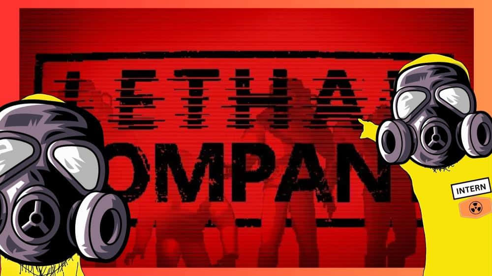  壁紙 — 兩個戴著防毒面具的卡通人物站在一面紅牆前，牆上寫著「LETHAL COMPANY」。