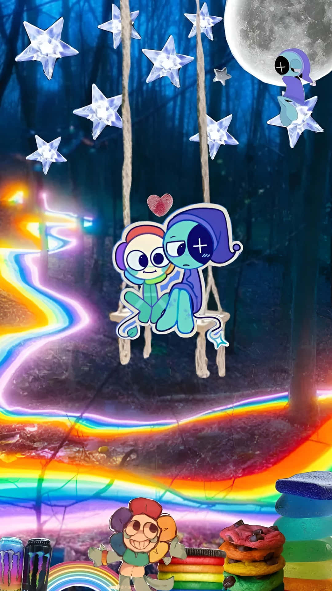  壁紙 — 兩個卡通角色坐在魔法森林中的鞦韆上，滿月下閃爍星星和彩虹軌跡。