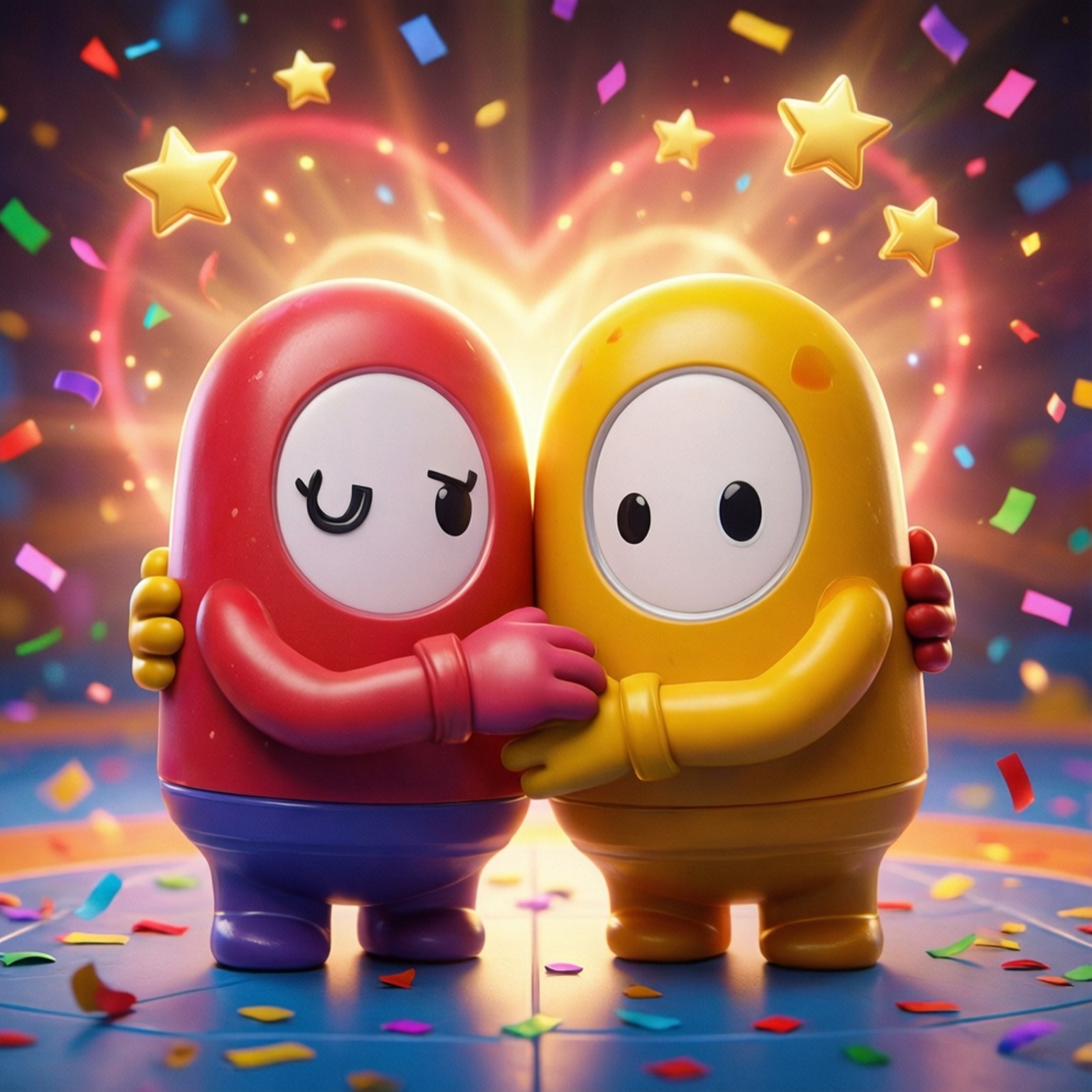 Victory Hug 壁紙 — 兩個卡通人物紅色和黃色在發光的心形下擁抱，周圍有墜落的星星和五彩紙屑。